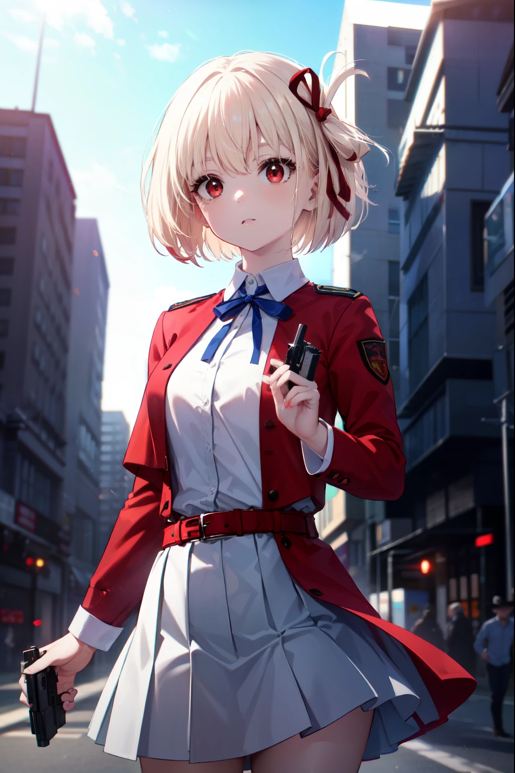 chisatonishikigi, nishikigi chisato, short hair, bangs, blonde hair, (red eyes:1.5), hair ribbon, one side up, bob cut,
break shirt, long sleeve, dress, ribbon, white shirt, collared shirt, belt, neck ribbon, red dress, blue ribbon, pleated dress, grey dress, two-tone dress, red belt, uniform liquor,Hand gun in both hands、take a stand,
break outdoors, city,
break looking at viewer, (cowboy shot:1.5),
break (masterpiece:1.2), highest quality, High resolution, unity 8k wallpaper, (figure:0.8), (detailed and beautiful eyes:1.6), highly detailed face, perfect lighting, Very detailed CG, (perfect hands, perfect anatomy),