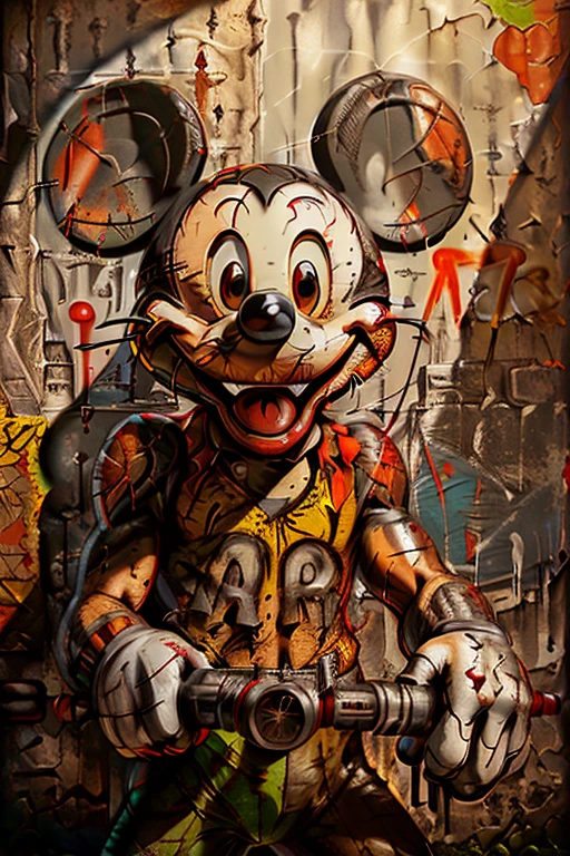 masterpiece, (photorealistic:1.4), graffiti on the wall, Predator but with Mickey Mouse face, dangerous,  RAW photo, 8k uhd, ((film grain)) ,