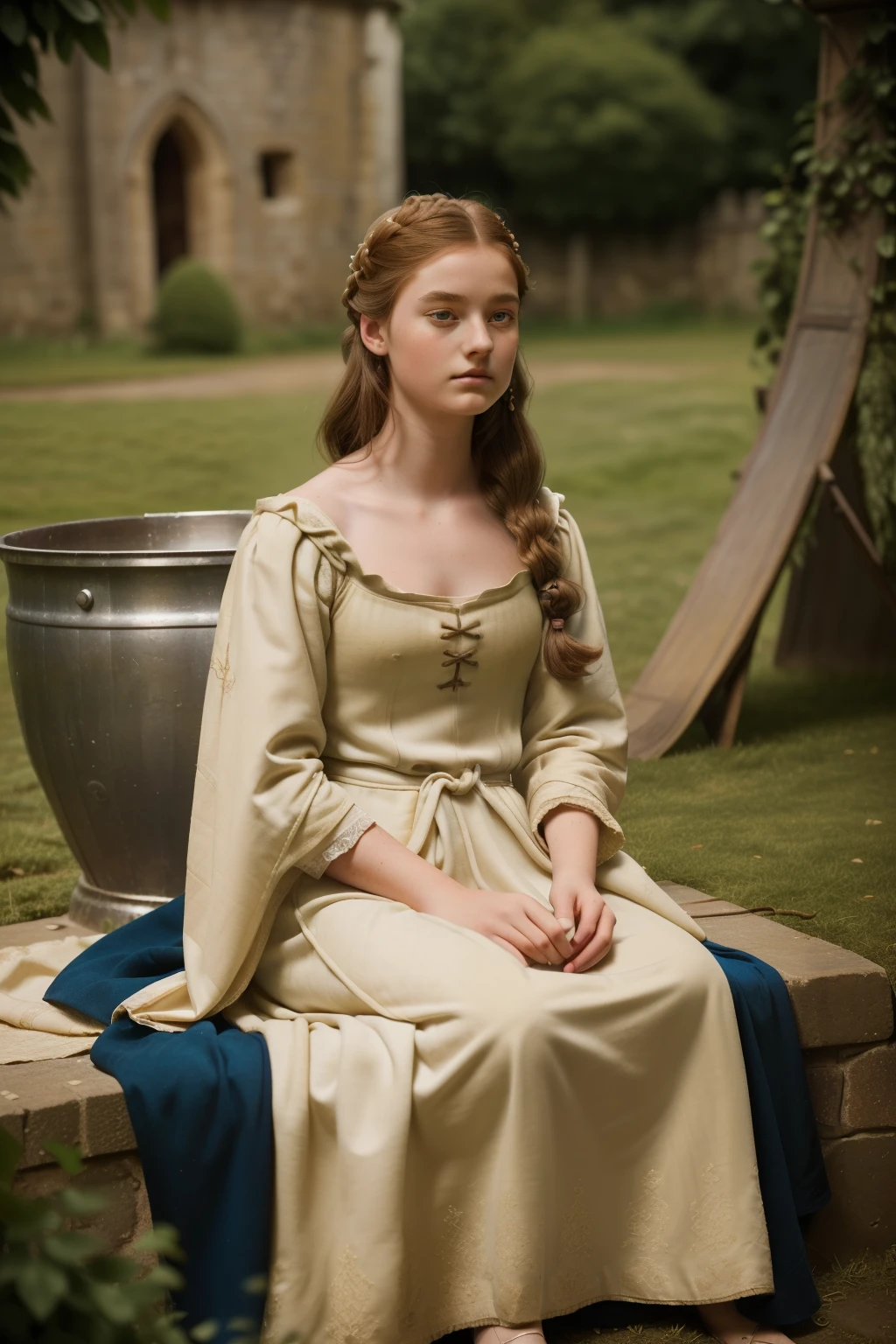 England, 1338. A young ((((21-year-old)) Caris Wooler)), attractive, expressive eyes, in the back yard, dying fabric in a cauldron, ((tired expression)). ((((clothings from the 1300s, gown)))), ((light chestnut hairstyle of the 1300s))