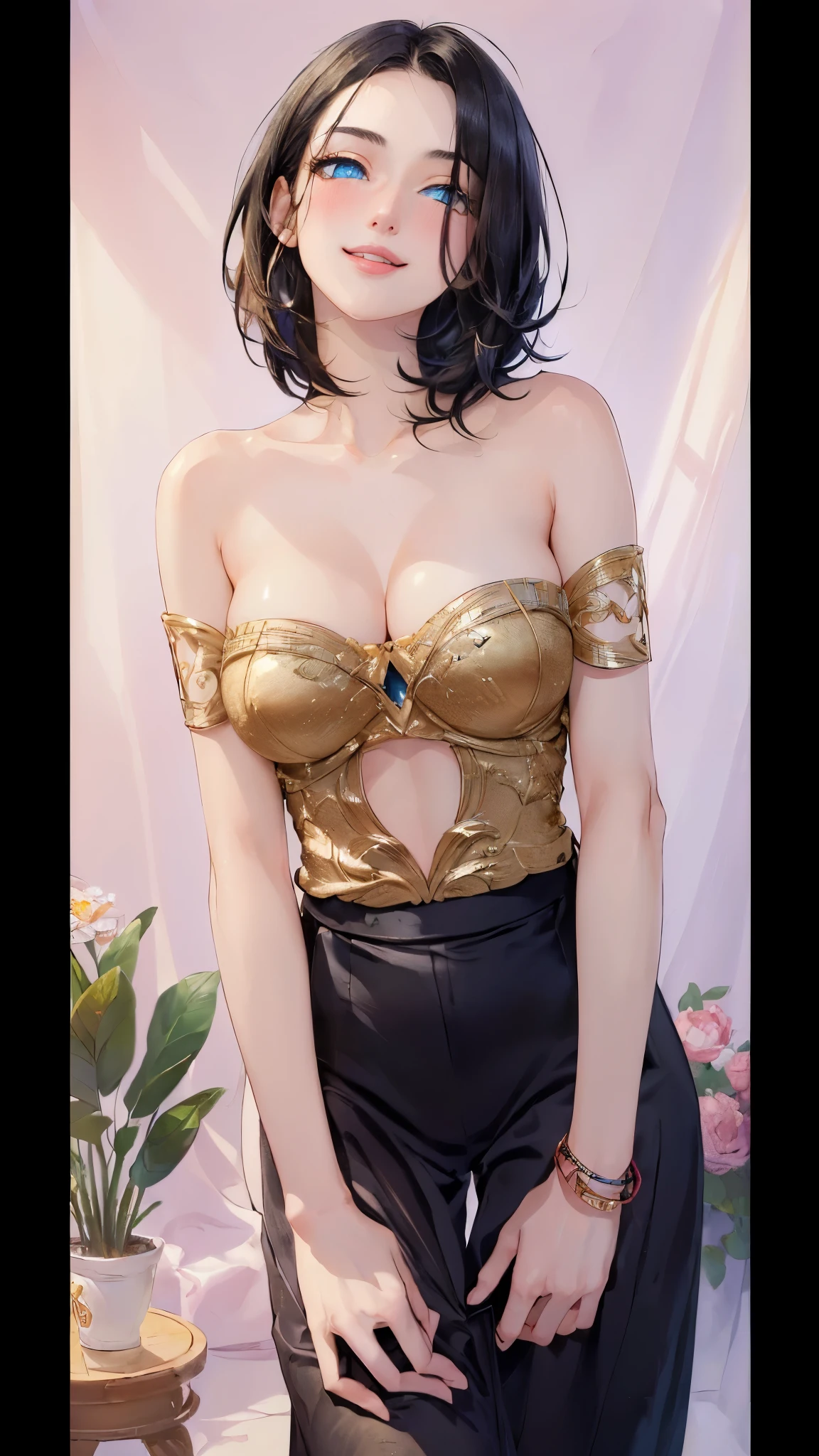 ((((masterpiece, best quality, high resolution)))), (1girl:1.5), ((short silky hair, black hair, blue eyes, sharp eyes)), (perky :1.2), blush, (blushing, light smile), glow, thighs, bare shoulders, collarbone, narrow waist, (slender body figure), (beautiful detailed face, beautiful detailed eyes)