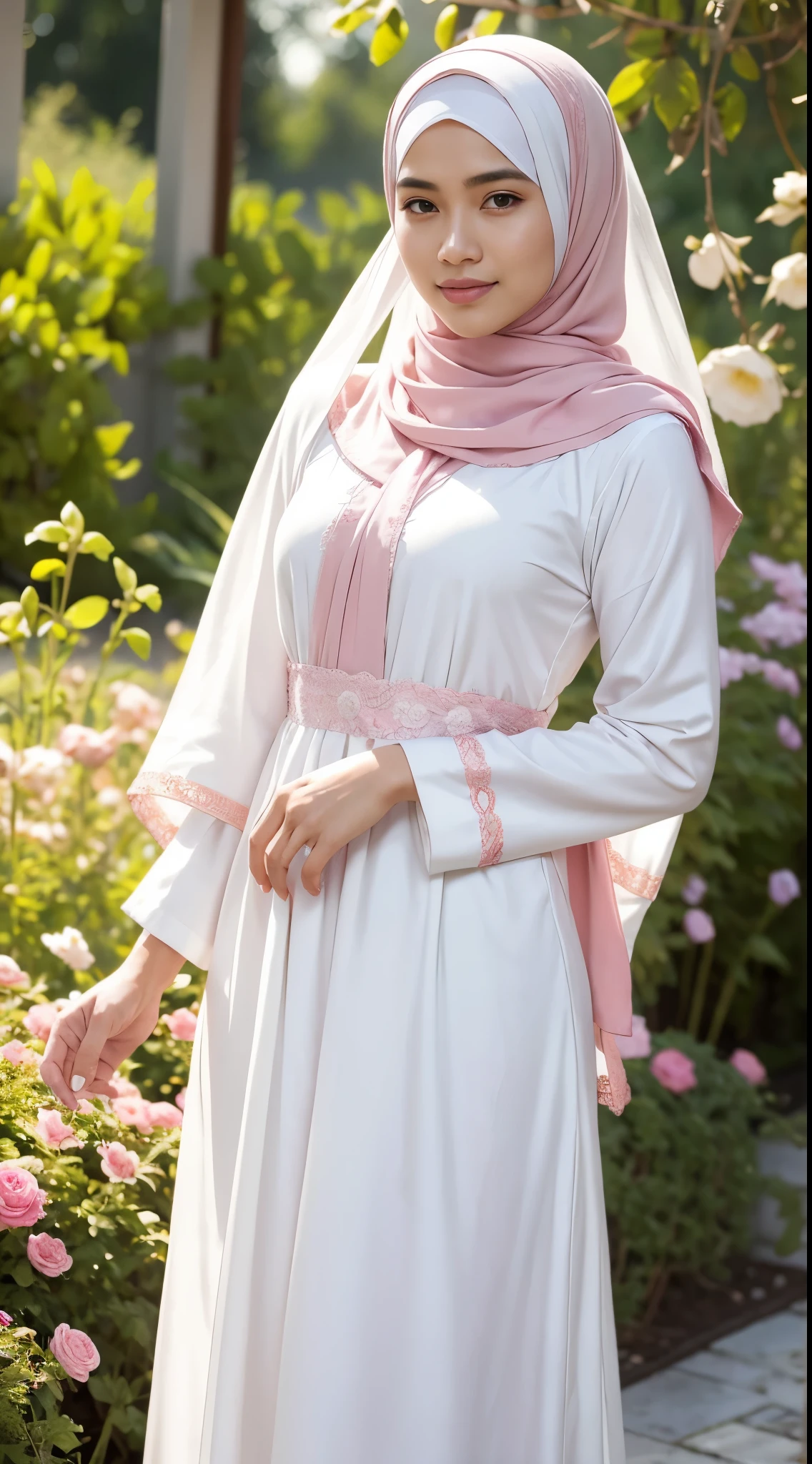 ,RAW, Best quality, high resolution, Masterpiece: 1.3), Beautiful Indonesian man in hijab, Masterpiece, average male body, ((flat breasts)), Beautiful eyes, Soft smile, Indonesian man in hijab a white dress with small floral motifs and a pink shawl, wearing a white hijab, perfect hand, wearing beautiful long clothes, modest clothes, wearing a long flowing cloth, white and pink, white silk clothes, white and light pink clothes, flat breasts, wearing white clothes long skirt, wearing elegant clothes, Indonesian beauty, beautiful Indonesian man, cute Indonesian man, morning time, graceful smile, happy, bright sunlight, flower garden path, blurred background, bokeh, look to viewer, body to viewer, feminine stance, graceful pose, full body portrait 
