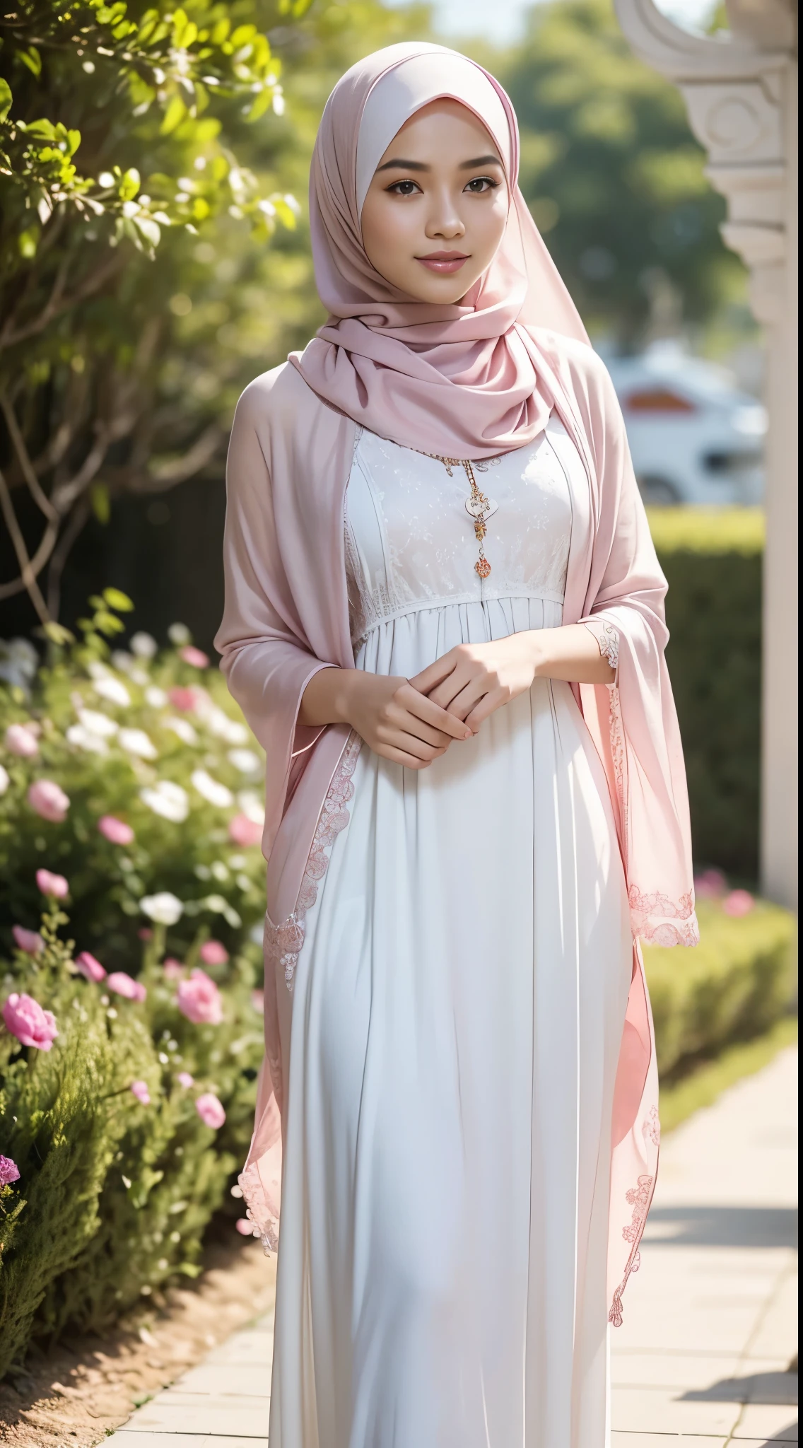 ,RAW, Best quality, high resolution, Masterpiece: 1.3), Beautiful Indonesian man in hijab, Masterpiece, average male body, ((flat breasts)), Beautiful eyes, Soft smile, Indonesian man in hijab a white dress with small floral motifs and a pink shawl, wearing a white hijab, perfect hand, wearing beautiful long clothes, modest clothes, wearing a long flowing cloth, white and pink, white silk clothes, white and light pink clothes, flat breasts, wearing white clothes long skirt, wearing elegant clothes, Indonesian beauty, beautiful Indonesian man, cute Indonesian man, morning time, graceful smile, happy, bright sunlight, flower garden path, blurred background, bokeh, look to viewer, body to viewer, feminine stance, graceful pose, full body portrait