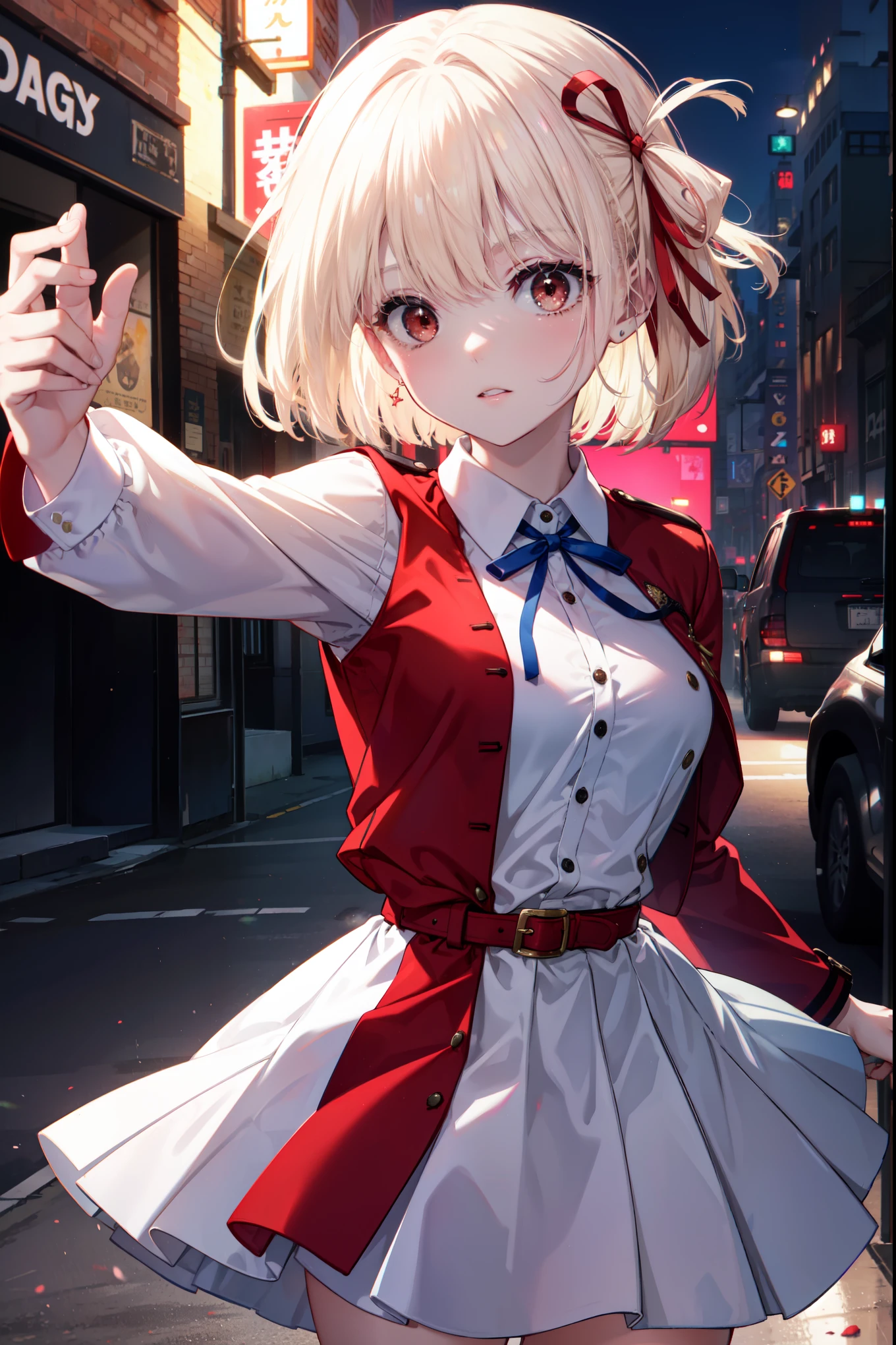 chisatonishikigi, nishikigi chisato, short hair, bangs, blonde hair, (red eyes:1.5), hair ribbon, one side up, bob cut,
break shirt, long sleeve, dress, ribbon, white shirt, collared shirt, belt, neck ribbon, red dress, blue ribbon, pleated dress, grey dress, two-tone dress, red belt, uniform liquor,hand gun(H&K USP)hold with both hands,
break outdoors, city,
break looking at viewer, (cowboy shot:1.5),
break (masterpiece:1.2), highest quality, High resolution, unity 8k wallpaper, (figure:0.8), (detailed and beautiful eyes:1.6), highly detailed face, perfect lighting, Very detailed CG, (perfect hands, perfect anatomy),