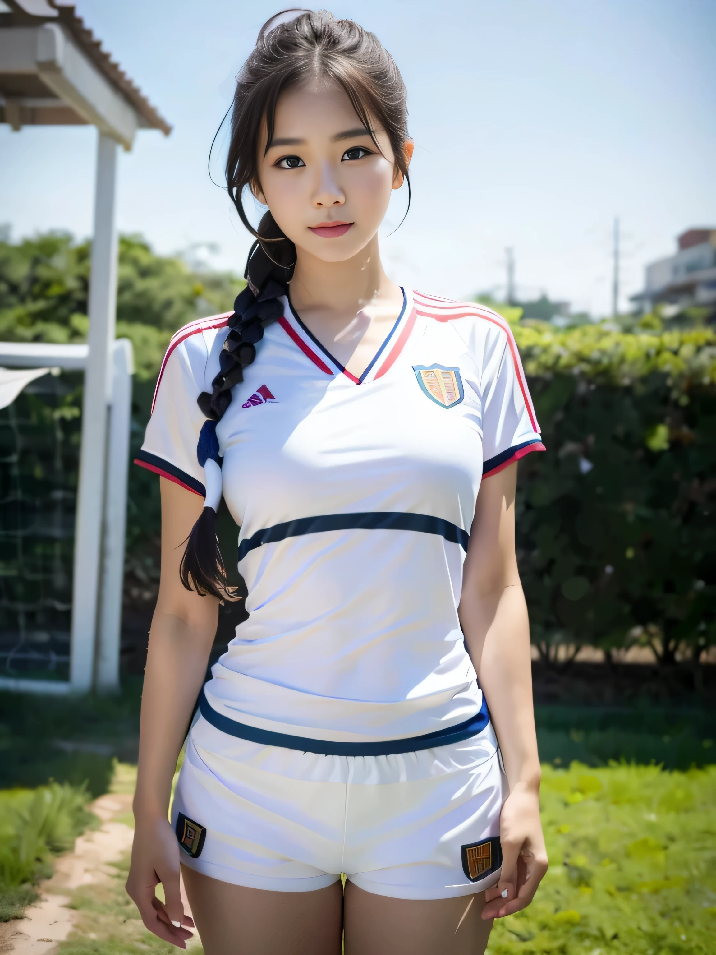 （8K、Raw photography、highest quality、masterpiece：1.2),(black haired、very short hair:1.9),show viewer,Looking at the front,erotic,白いskin,(wearing a blue and white soccer uniform:1.6)、(Clothing that emphasizes the shape of your chest、publish one&#39;skin:1.6)、(big boobs:1.4)、slim body shape、ultra high resolution,beautiful,beautiful fece,(alone, alone、no background:1.9),whole bodyボディー,japanese woman,（Photoreal：1.37）、photon mapping,reality、(Cute with a baby face: 0.6)、(cute smile: 1.7)、(With a round face: 1.8)、radio city、Physically based rendering、depth of field rally background、photograph, (I can see your knees,close up of thighs、Too short pants、camel toe:1.4),whole body、super fine