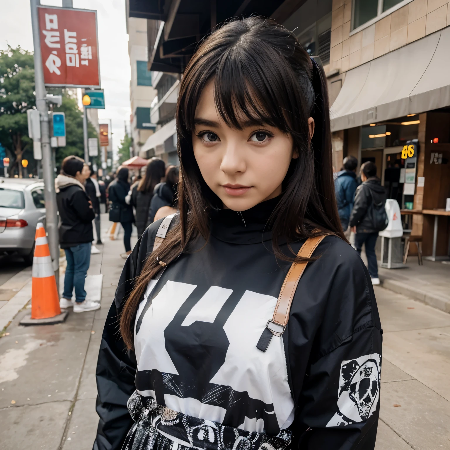 Anime girl with big  and traprint clothes in public place 