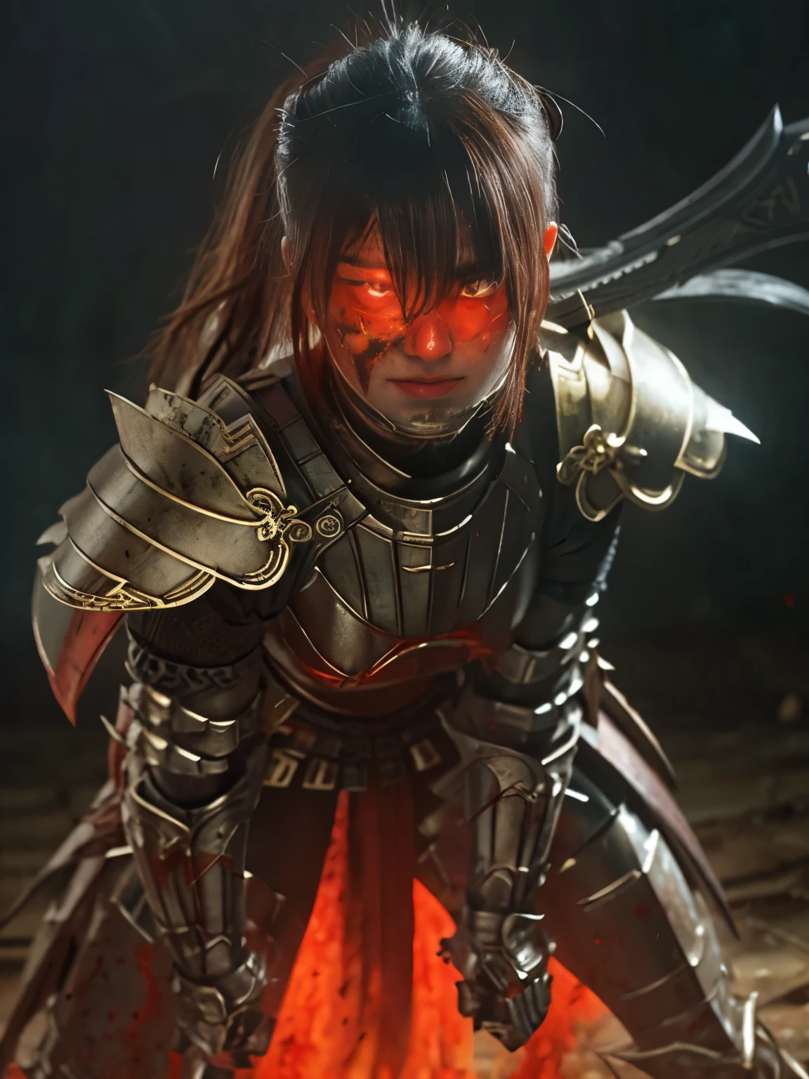 (((high-detail, masterpiece, Attention to detail, realistic, beautiful, full body photograph))), perfect studio lightning, 18 years old, delightful face, ideal body, virgin, long smooth straight hair, tied behind, large breast, random pose, random expression, wearing japan heavy armor, golden armor, full body armor, Unreal Engine Art Trend, swinging japan sword, katana sword, attack stance, sweating, bloodstained face, bloodstainder armor, bloodbath, fire everywhere, epic battle background, battleground, no helmet, war zone, war