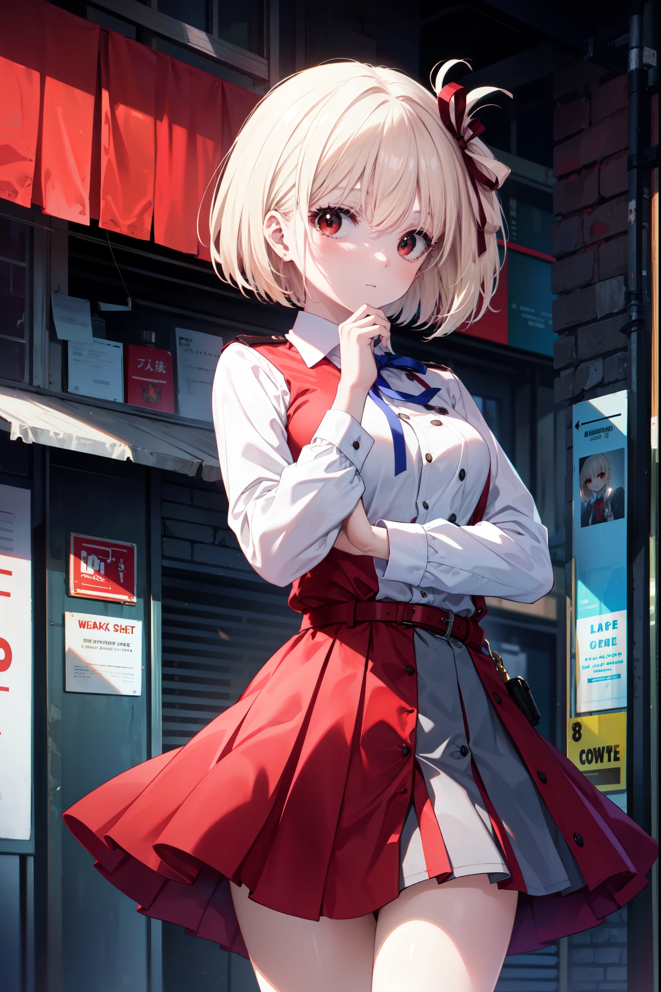 chisatonishikigi, nishikigi chisato, short hair, bangs, blonde hair, (red eyes:1.5), hair ribbon, one side up, bob cut,
break shirt, long sleeve, dress, ribbon, white shirt, collared shirt, belt, neck ribbon, red dress, blue ribbon, pleated dress, grey dress, two-tone dress, red belt, uniform liquor,Hold the handgun with both hands,
break outdoors, city,
break looking at viewer, (cowboy shot:1.5),
break (masterpiece:1.2), highest quality, High resolution, unity 8k wallpaper, (figure:0.8), (detailed and beautiful eyes:1.6), highly detailed face, perfect lighting, Very detailed CG, (perfect hands, perfect anatomy),
