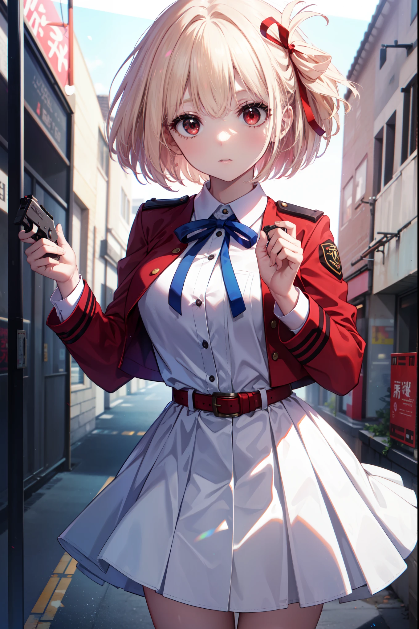 chisatonishikigi, nishikigi chisato, short hair, bangs, blonde hair, (red eyes:1.5), hair ribbon, one side up, bob cut,
break shirt, long sleeve, dress, ribbon, white shirt, collared shirt, belt, neck ribbon, red dress, blue ribbon, pleated dress, grey dress, two-tone dress, red belt, uniform liquor,Hold the handgun with both hands,
break outdoors, city,
break looking at viewer, (cowboy shot:1.5),
break (masterpiece:1.2), highest quality, High resolution, unity 8k wallpaper, (figure:0.8), (detailed and beautiful eyes:1.6), highly detailed face, perfect lighting, Very detailed CG, (perfect hands, perfect anatomy),