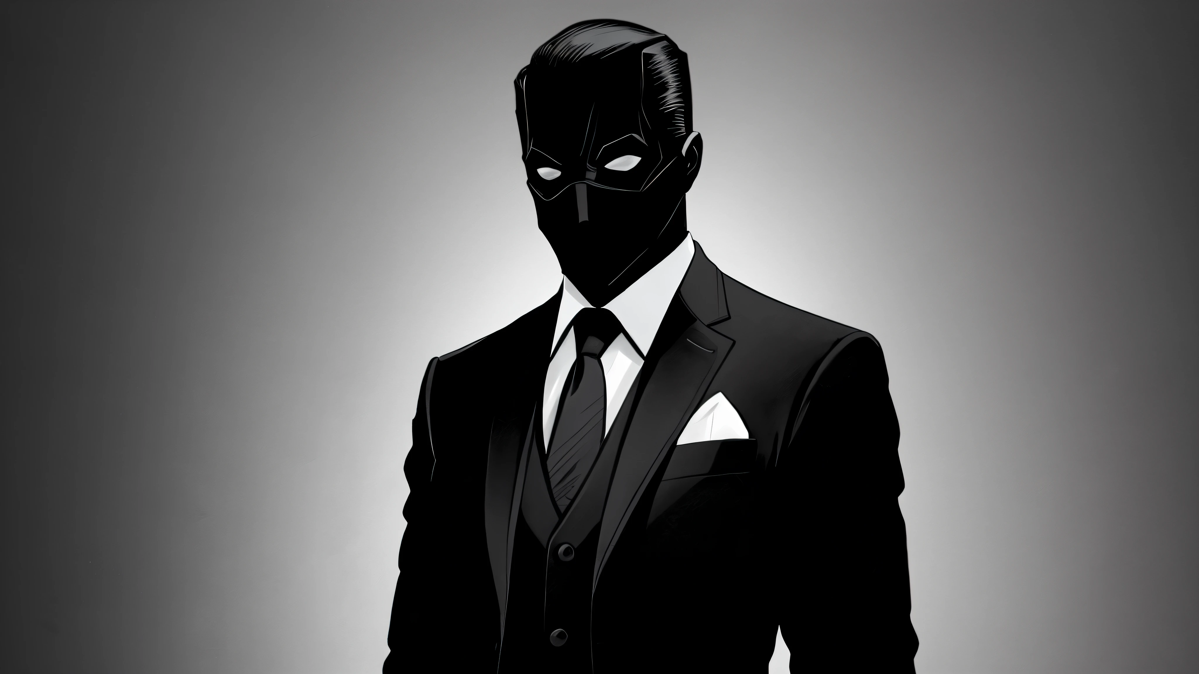 Painting of a man in suit and tie with a black mask, Personagem sombrio e sinistro, terno escuro, desenhado em um estilo neo - noir, homem magro, pessoa sem rosto escura, Homem de preto, magro, anthropomorphic silhouette, Scary black figure standing, por Chip Zdarsky, solo