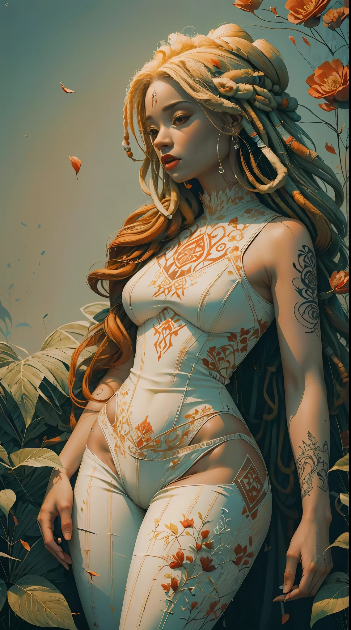 ankymoore, Bottom-up view, 1rapper with dread hair with tattoos, white and red sexy clothes(cameltoe), graffitti background, (masterpiece), (best quality:1.2), absurdres, intricate details, flowers, leaves, roots,