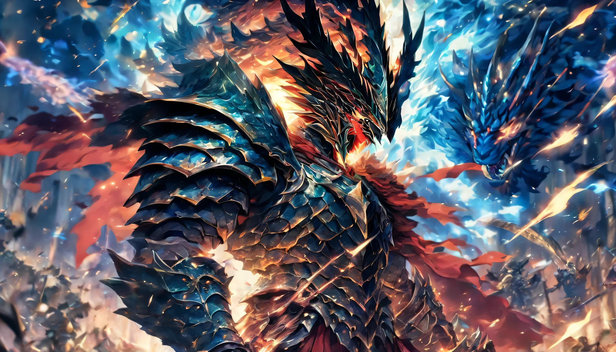 ((enlargement)), 4K, illustration: A legendary warrior holding a huge sword, dragon knight, Attack with a huge sword, full body armor,