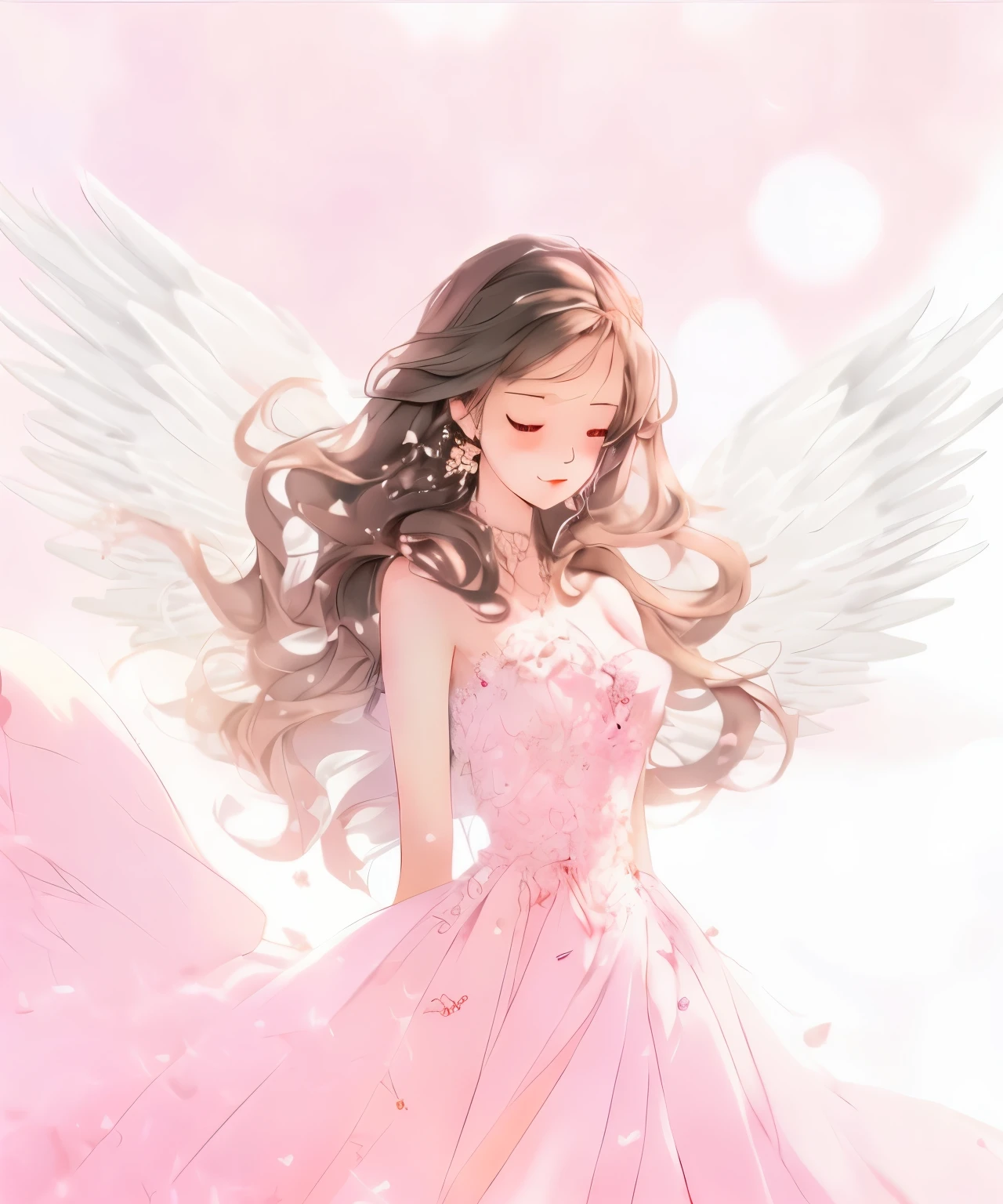 ピンクのドレスを着た長い髪とAngelic羽を持つアニメの女の子, of an beautiful Angelic女の子, of beautiful angel, beautiful angel, Angelic女の子, with beautiful wings, beautiful female angel, portrait of a beautiful angel, Angelical, beautiful anime, graceful wings, Beautiful artwork illustration, soft anime illustration, Pink petals fly, angel wearing, Angelic, heavenly pink
