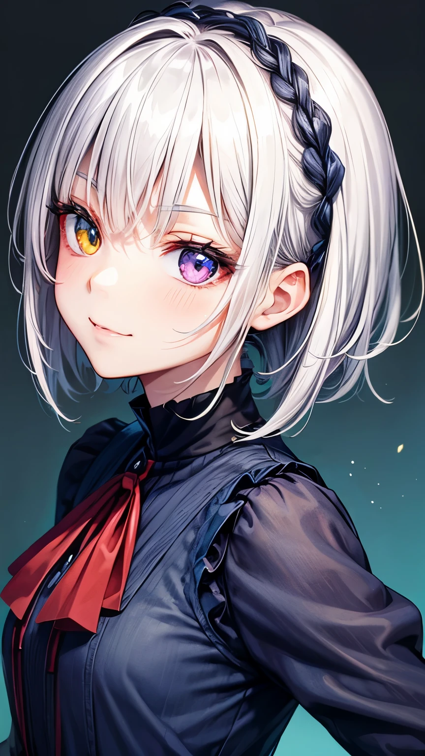 35 years old Japanese tidy lady ((small breast, very slender)), pale purple ponytail((short hair)), (( shaggy long forelock, various colors highlights )),BREAK, dirndl ((indigo, deep red, jet-black )), high neck shirt, tidy and eloquent face, looking back pose, seductive and beautiful smile, big droopy eyes (( shiny blue eye, shiny pale yellow eye, heterochromia)), eyelashes, blush , small mole under left eye, BREAK, tidy and pleasant atmosphere,((face focus)), gazing forward