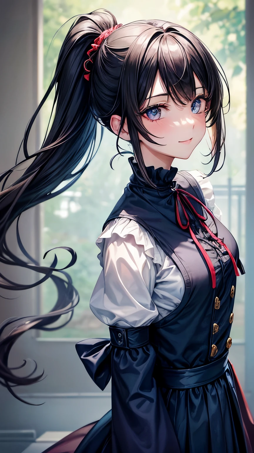 35 years old Japanese tidy lady ((small breast, very slender)), pale purple ponytail((short hair)), (( shaggy long forelock, various colors highlights )),BREAK, dirndl ((indigo, deep red, jet-black )), high neck shirt, tidy and eloquent face, looking back pose, seductive and beautiful smile, big droopy eyes (( shiny blue eye, shiny pale yellow eye, heterochromia)), eyelashes, blush , small mole under left eye, BREAK, tidy and pleasant atmosphere,((face focus)), gazing forward 