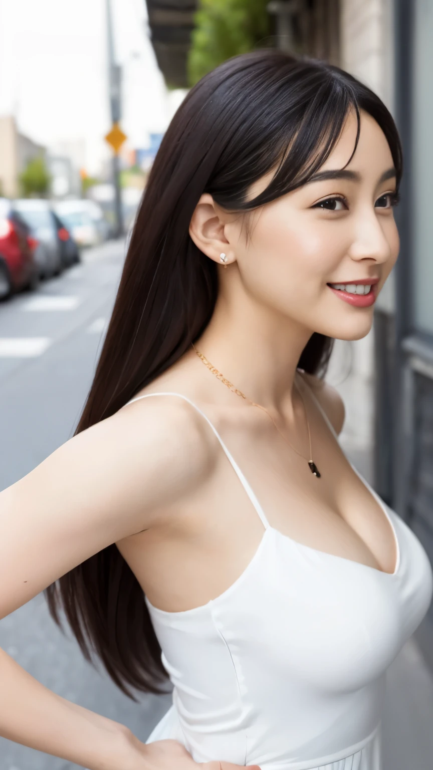 In 8K、超A high resolution、highest quality、table top 、(pretty big breasts、cleavage)(white dress:1.2)、in the street、black hair long straight、smile、big black eyes、lip gloss、necklace、white mule、(Please show me your armpits、Diagram drawn from the side:1.2)