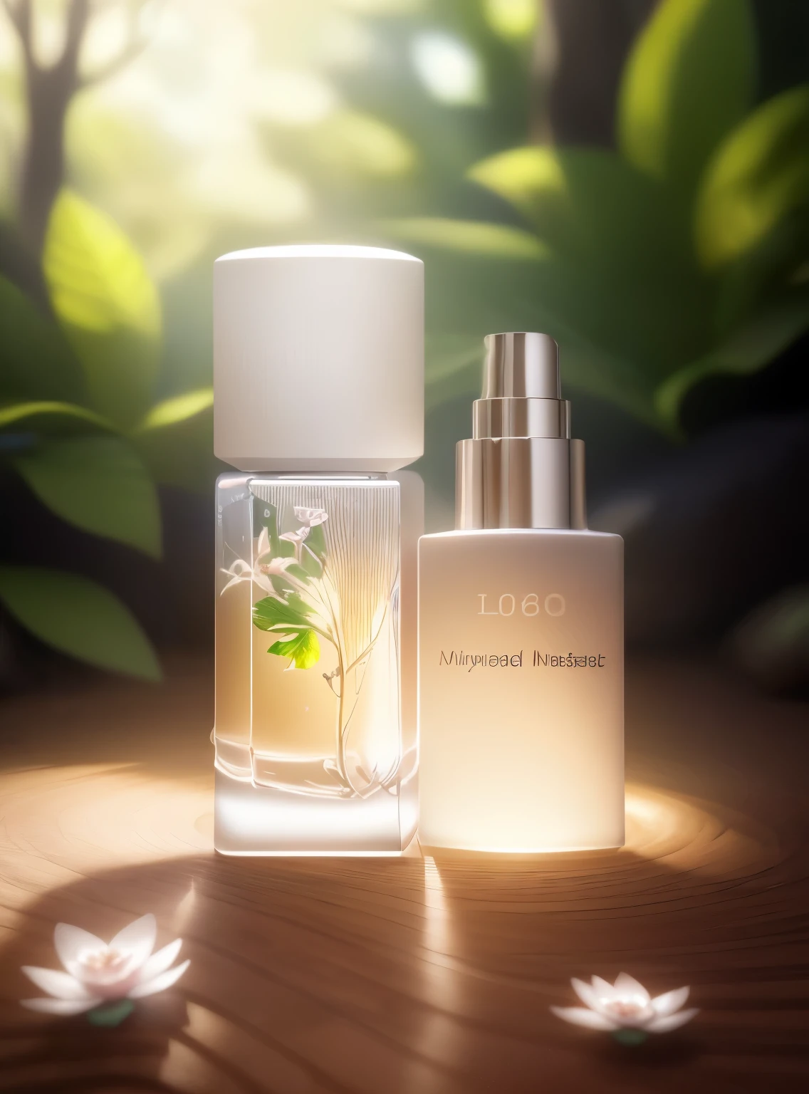 masterpiece, best quality, (Very detailed CG unified 8K wallpaper) (best quality), (Best Illustration), (best shadow) Delicate leaves of nature valley with petals of various colors falling in the sky ray traced, Super detailed, label white, Background solid color, soft light, The perfume bottle is made of glass--v6