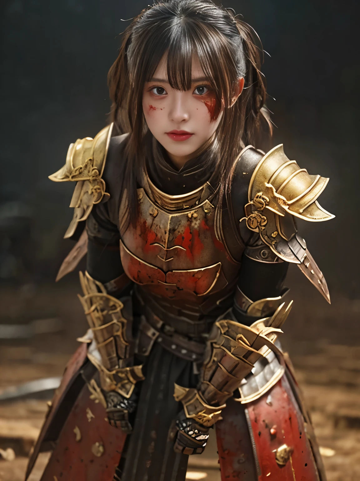 (((high-detail, ​masterpiece, Attention to detail, realistic, beautiful, full body photograph))), perfect studio lightning, 18 years old, delightful face,  ideal body, virgin, long smooth straight hair, tied behind, large breast, random pose, random expression, wearing japan heavy armor, golden armor, full body armor, Unreal Engine Art Trend, swinging katana, attack stance, sweating, bloodstained face, bloodstainder armor, bloodbath, fire everywhere, epic battle background, battleground, no helmet, war zone, war 