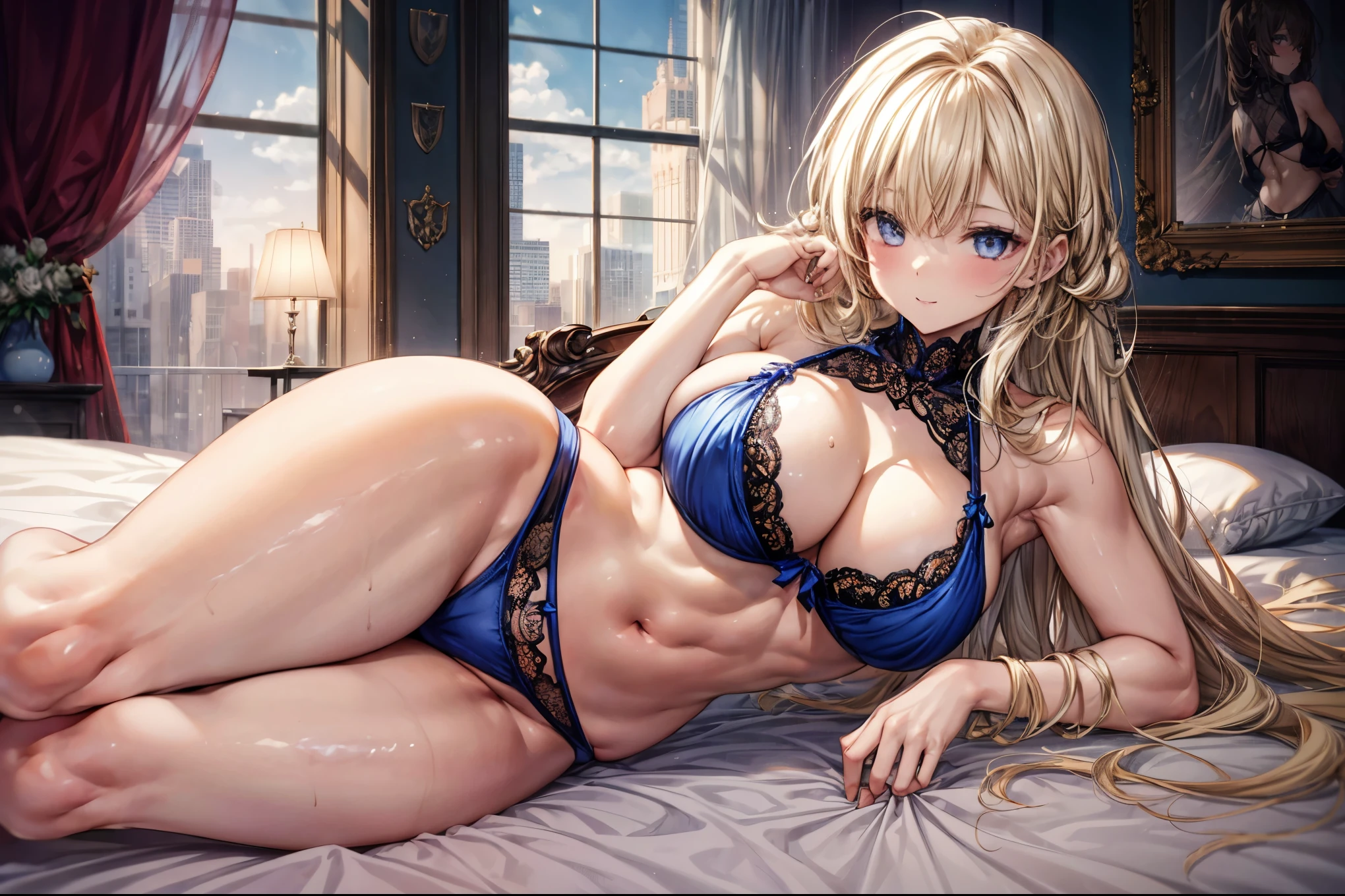 sensual, ((long blonde curly hair)), thick thighs, 8K, 4K, highest quality, High resolution:1.2), cute anime face, noise reduction, ((shining blue eyes, gentle smile, kind eyes))、toned abdominal muscles, muscular arms, muscular legs,  young face, anime eyes, (((big breasts、Breasts that are about to burst)))、(((whole body)))、Wearing sexy lingerie、lie down on the bed