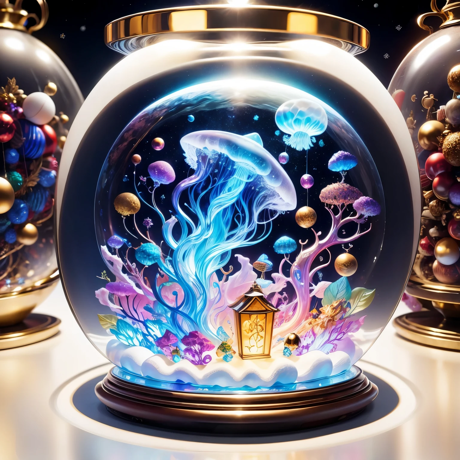 (La best quality,high resolution,super detailed,actual)，Jellyfish，in the room，Christmas decoration，surrounded by christmas gifts，A masterpiece with fantasy elements）））， （（best quality））， （（intricate details））（8k）