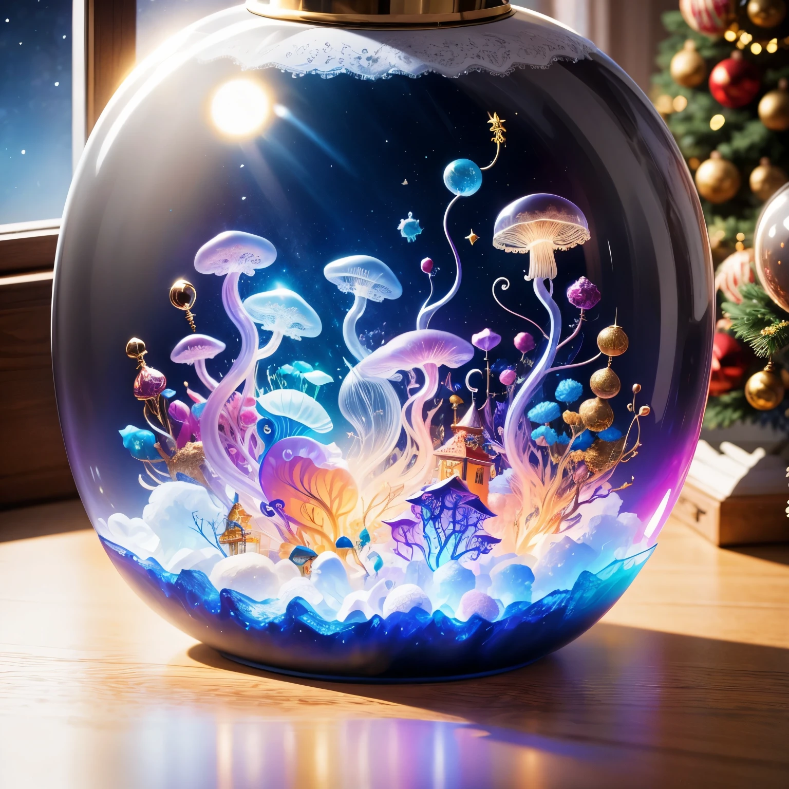 (La best quality,high resolution,super detailed,actual)，Jellyfish，in the room，Christmas decoration，surrounded by christmas gifts，A masterpiece with fantasy elements）））， （（best quality））， （（intricate details））（8k）