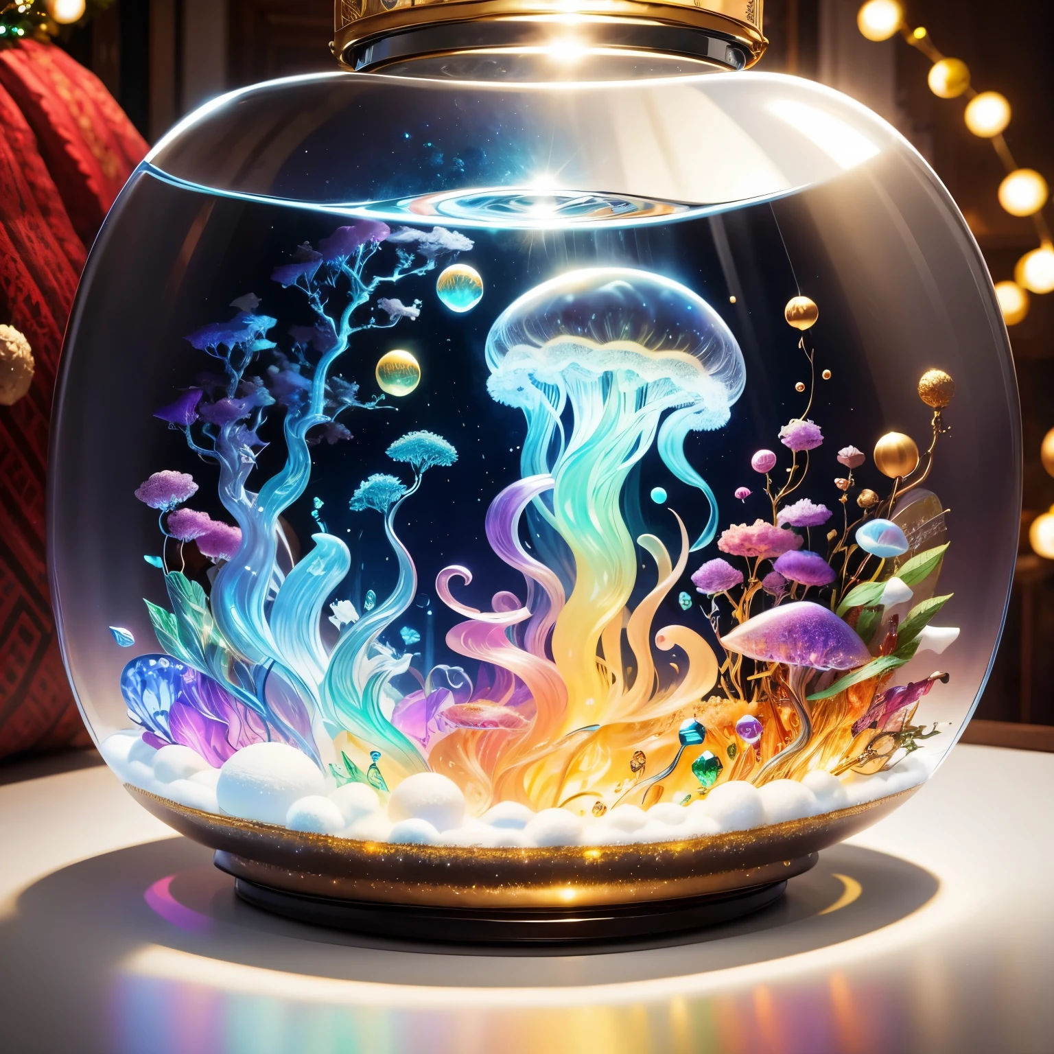 (La best quality,high resolution,super detailed,actual)，Jellyfish，in the room，Christmas decoration，surrounded by christmas gifts，A masterpiece with fantasy elements）））， （（best quality））， （（intricate details））（8k）