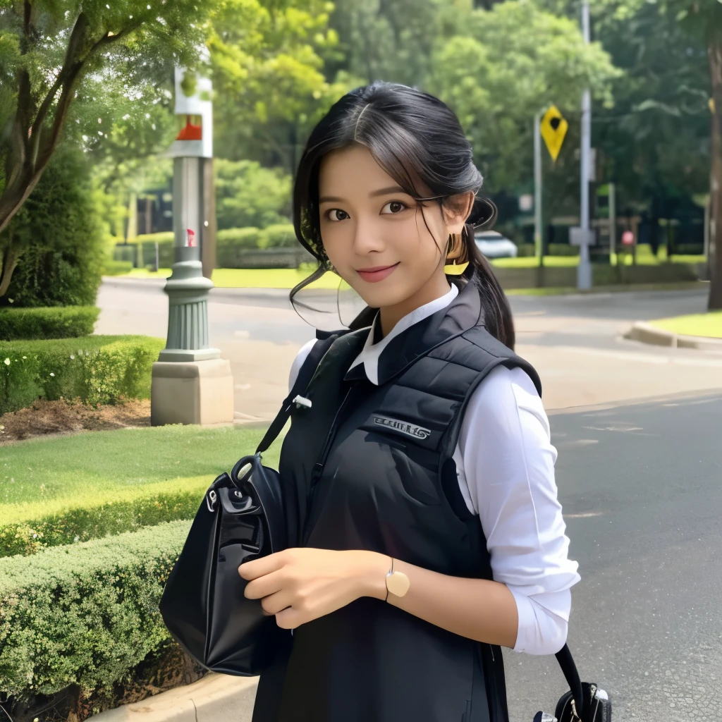 Santri putri sedang menjelaskan di depan papan tulis menghadap teman-temannya