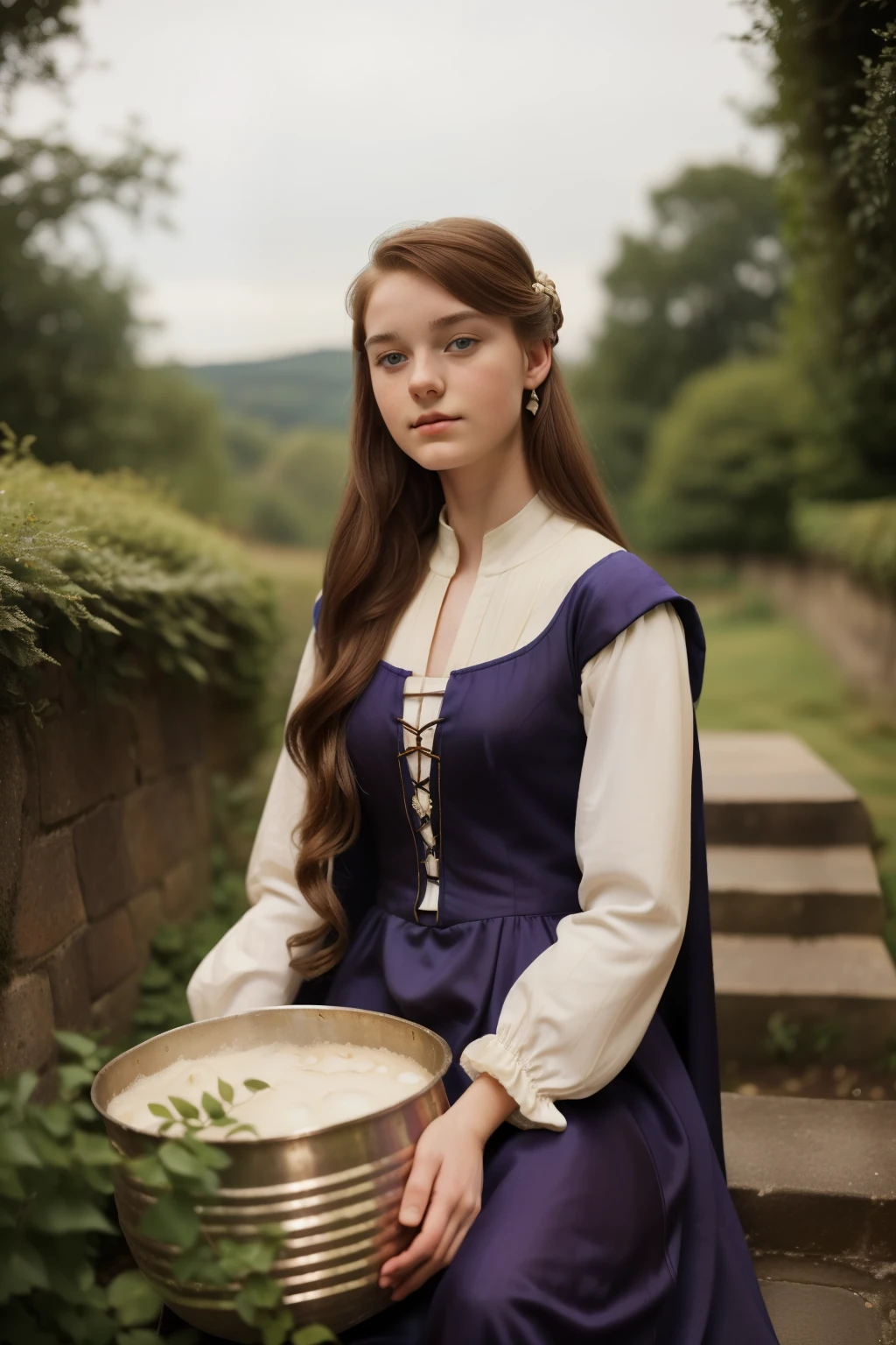 England, 1338. A young ((((21-year-old)) Caris Wooler)), attractive, expressive eyes, in the back yard, dying fabric in a cauldron, removing, ((tired expression)). ((((clothings from the 1300s, gown)))), ((light chestnut hairstyle of the 1300s))