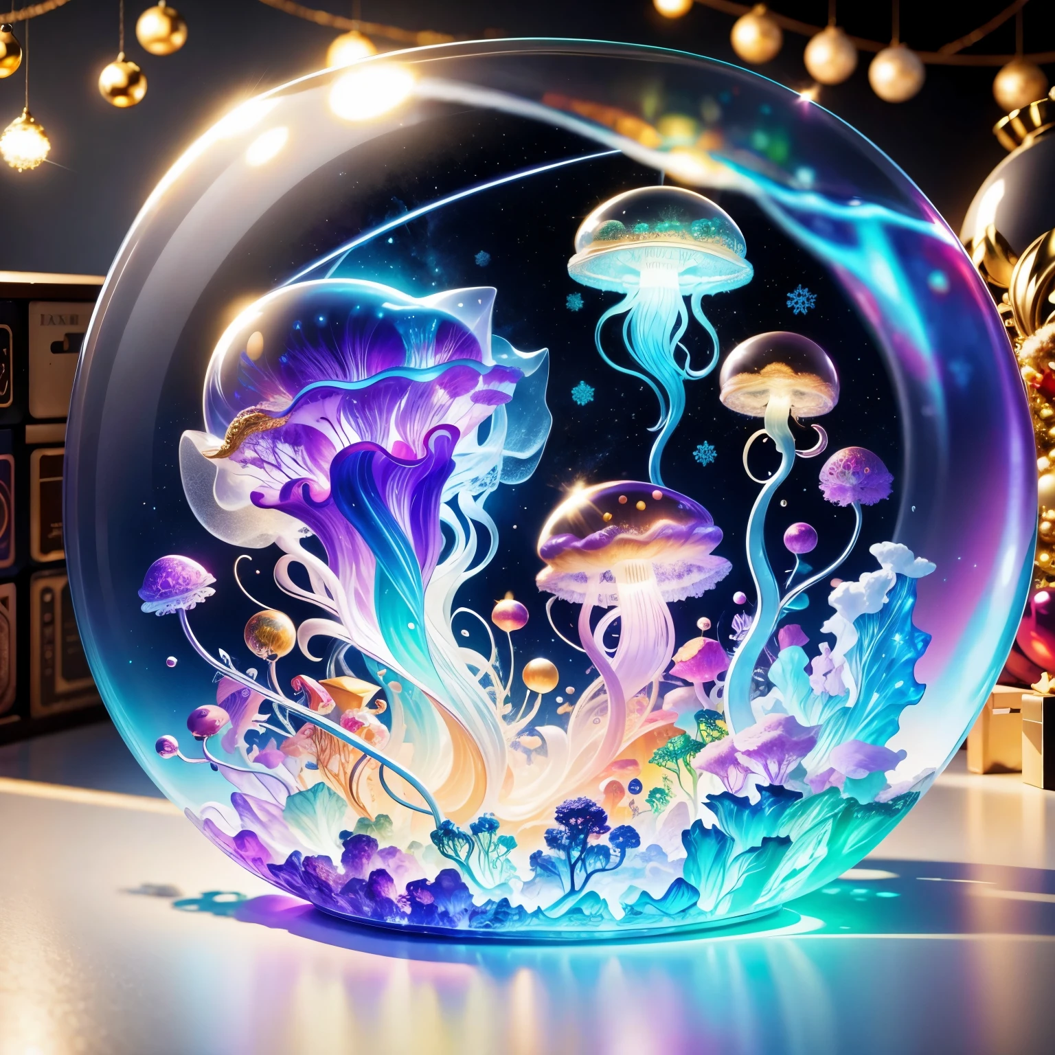 (La best quality,high resolution,super detailed,actual)，Jellyfish，in the room，Christmas decoration，surrounded by christmas gifts，A masterpiece with fantasy elements）））， （（best quality））， （（intricate details））（8k）