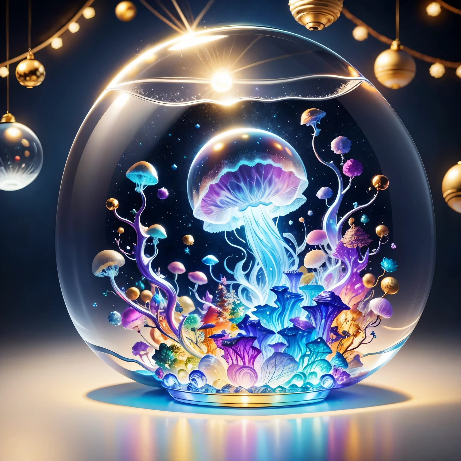 (La best quality,high resolution,super detailed,actual)，Jellyfish，in the room，Christmas decoration，surrounded by christmas gifts，A masterpiece with fantasy elements）））， （（best quality））， （（intricate details））（8k）