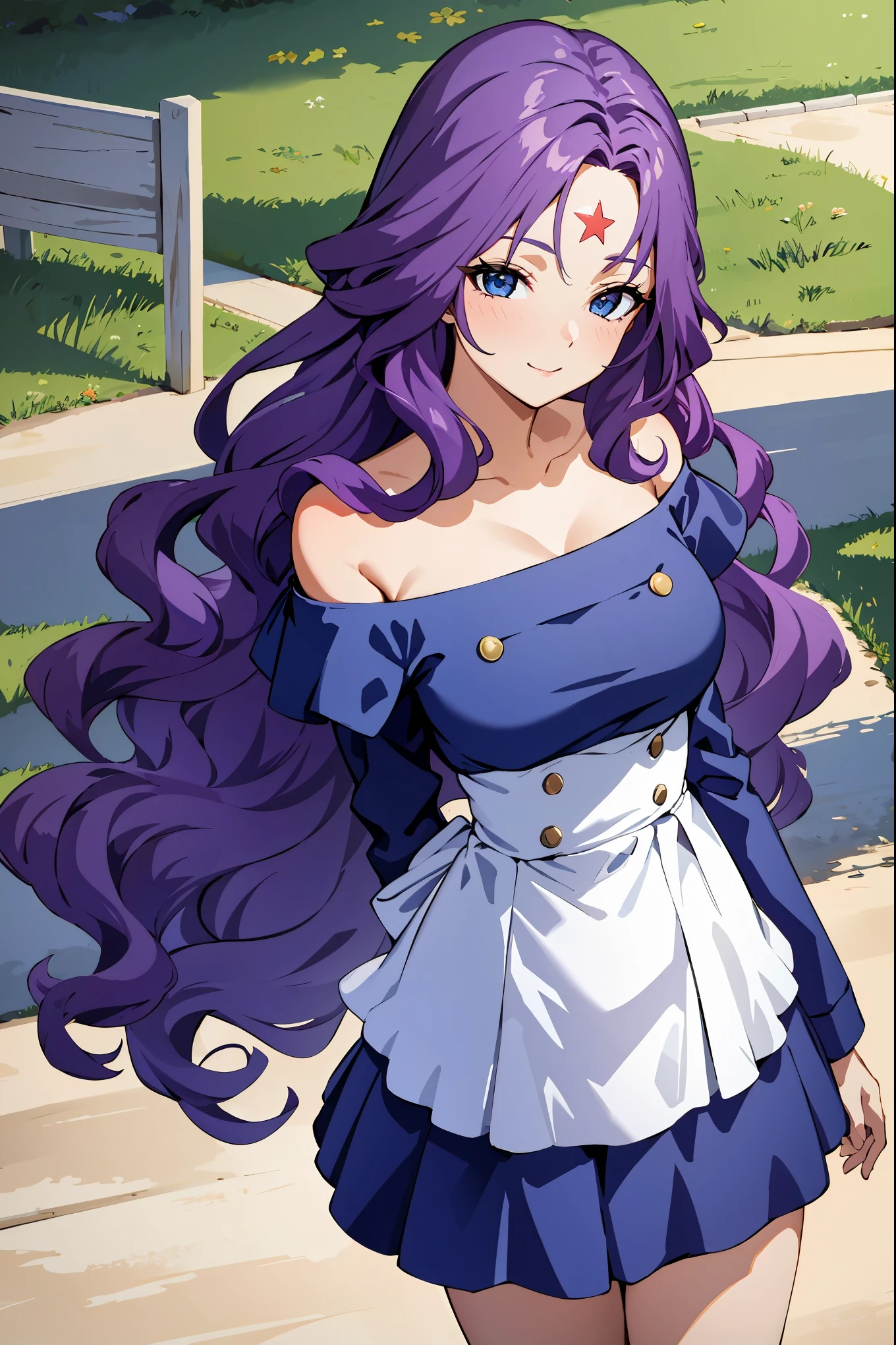1girl, cowboy shot, field, smile, looking at viewer,
ria_kinakamo, facial mark, forehead mark, blue eyes, purple hair, long hair, wavy hair, blue dress, bare shoulders, long sleeves, off shoulder, best quality, masterpiece, highres, in the park