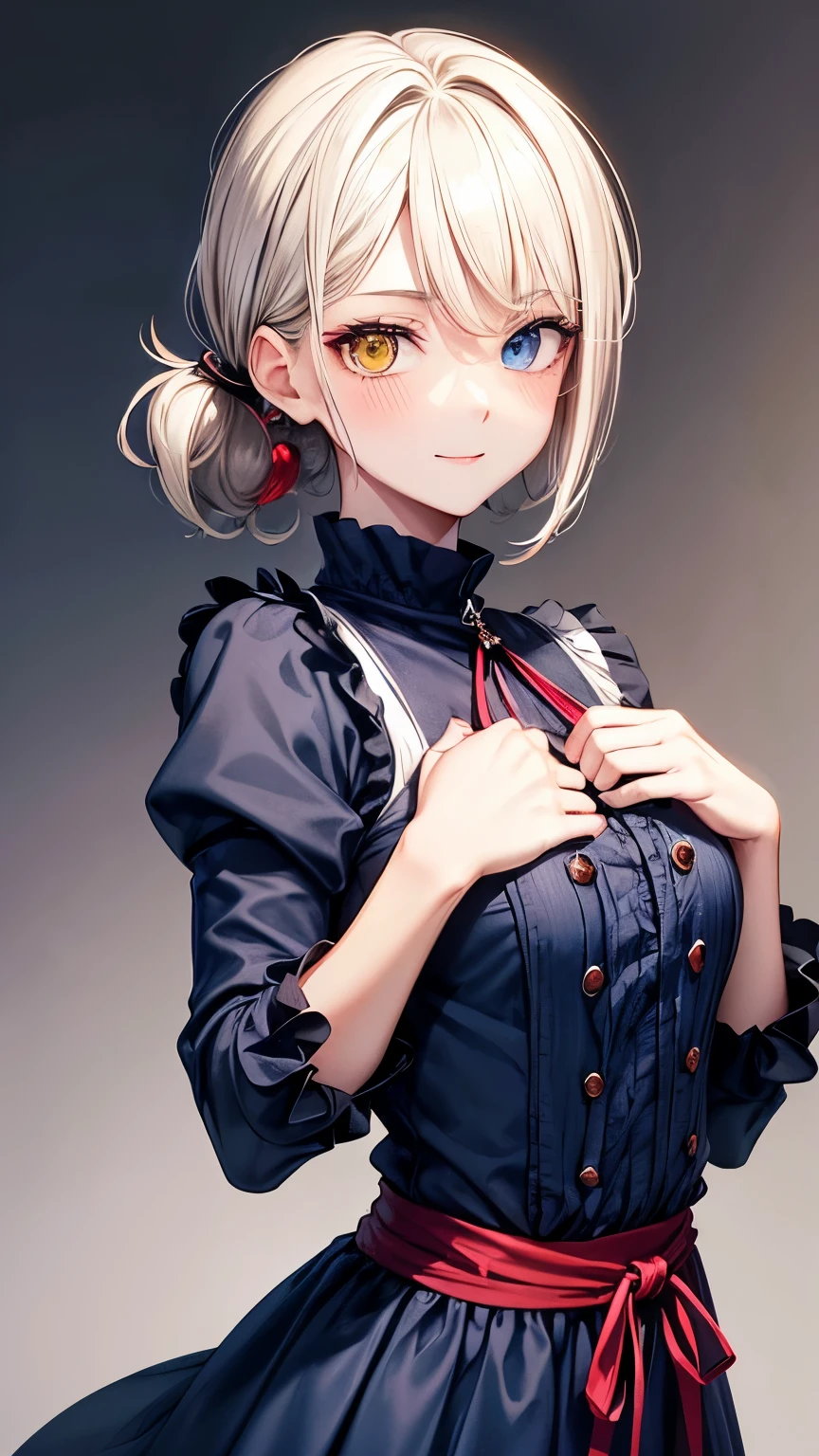 35 years old Japanese tidy lady ((small breast, very slender)), blonde ponytail((short hair)), (( shaggy long forelock, various colors highlights )),BREAK, dirndl ((indigo, deep red, jet-black )), high neck shirt, tidy and eloquent face, looking back pose, seductive and beautiful smile, big droopy eyes (( shiny blue eye, shiny pale yellow eye, heterochromia)), eyelashes, blush , small mole under left eye, BREAK, tidy and pleasant atmosphere,((face focus)), gazing forward