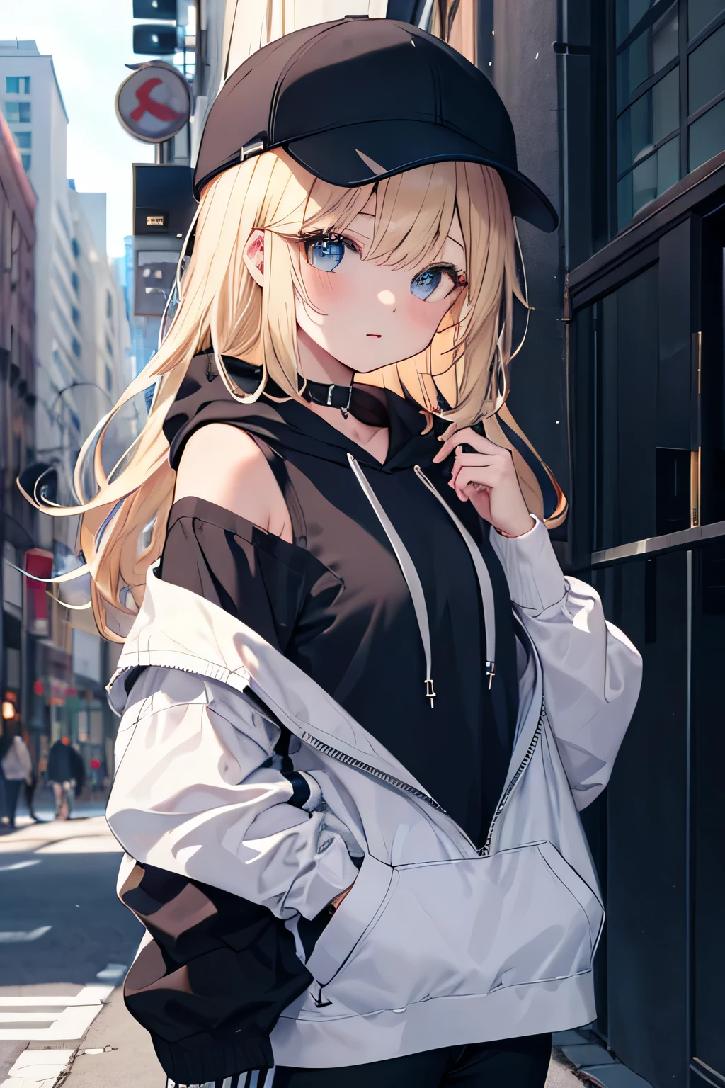 masterpiece,1 girl,alone,long hair,blonde,hoodie,off shoulder:1.2, mob cap, street,put your hands on your hips, put one&#39;Hand in hand&#39;pocket of,