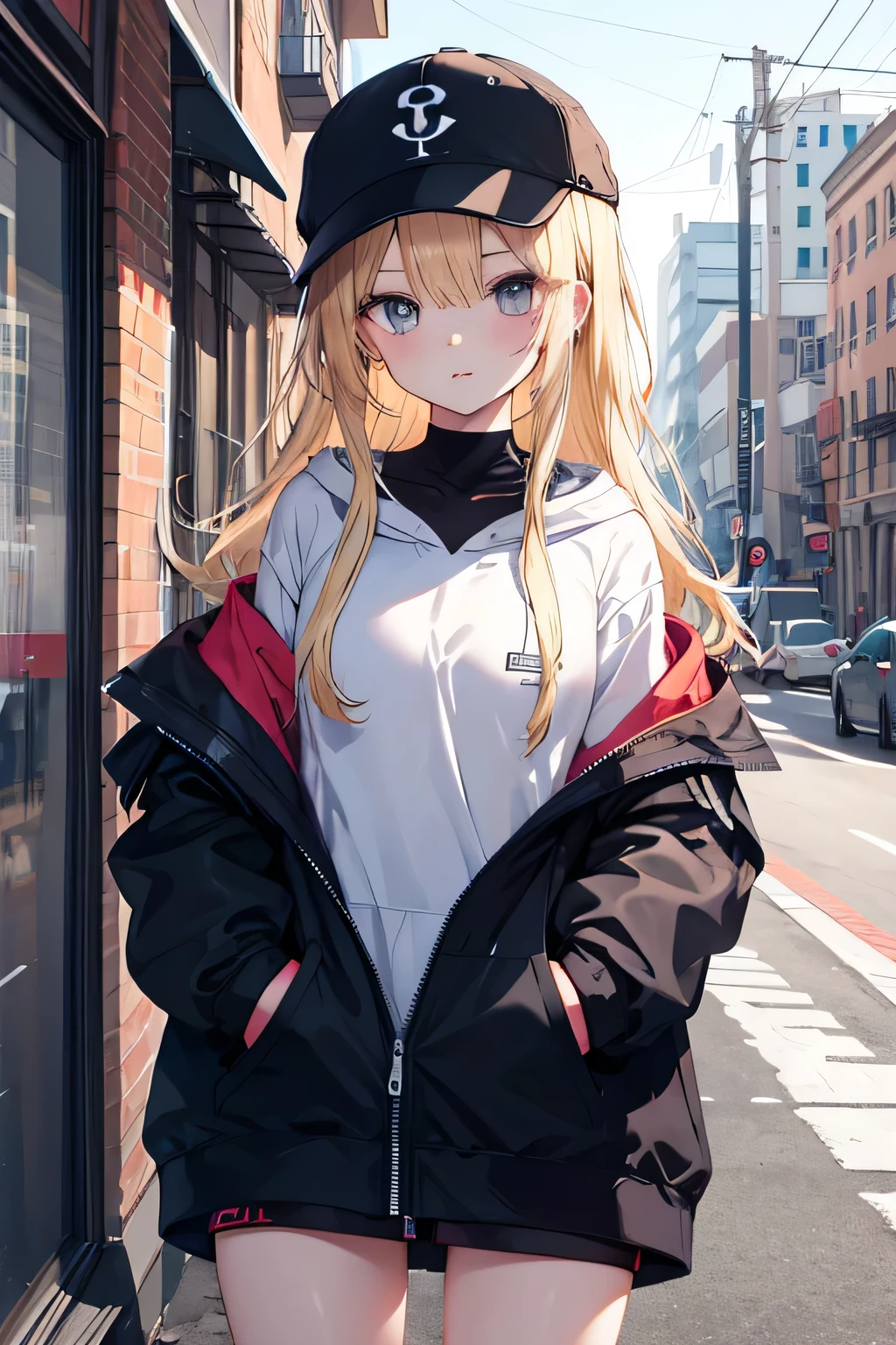 masterpiece,1 girl,alone,long hair,blonde,hoodie,off shoulder:1.2, mob cap, street,put your hands on your hips, put one&#39;Hand in hand&#39;pocket of,