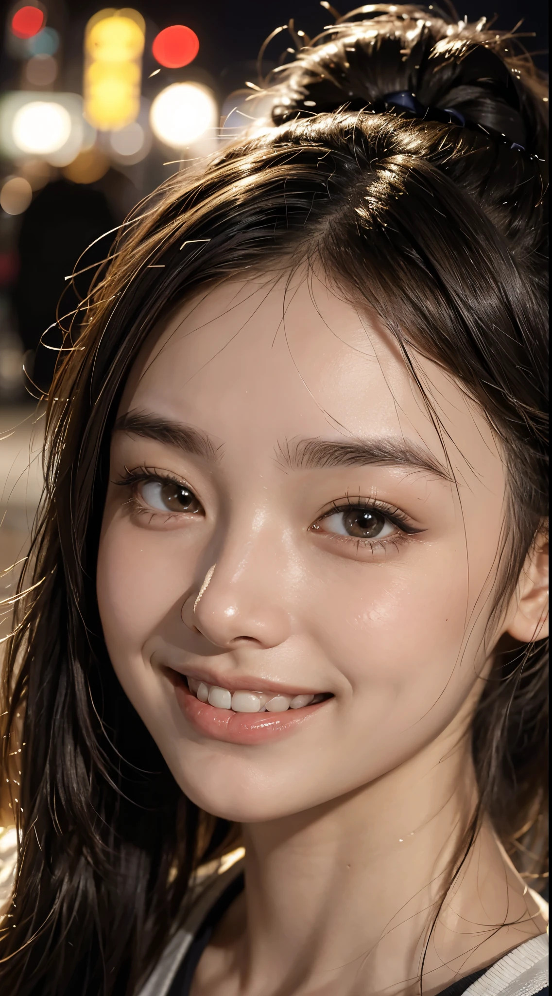 1 girl, 22 years old,tokyo street,night, cityscape,city lights,ruddy complexion, ((face close up:1.5)),((smiling showing teeth)),((Ponytail and Hair Tie))close, 8k, RAW photo, highest quality, masterpiece,realistic, photo-realistic,HI contrast,