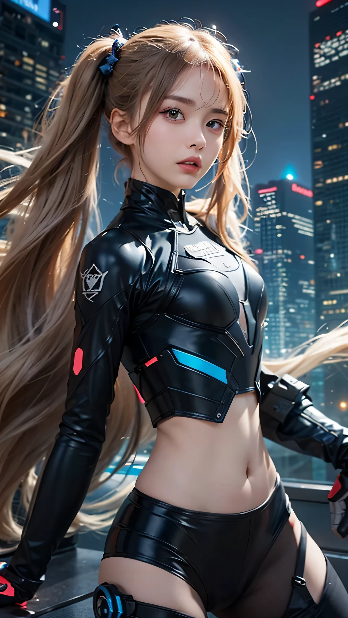 (Close-up:1.4)、(RAW photo:1.2)、(photorealistic:1.4)、(masterpiece:1.3)、(highest quality:1.4)、(Beautiful woman with perfect body:1.4)、A woman stands in front of a group of robots、beautiful android woman、beautiful female soldier、girl in a suit、complex combat uniform、beautiful young Japanese woman、Highly detailed face and skin texture、detailed big eyes、double eyelid、cute face、(twin tails:1.2)、(Medium chest)、beautiful breasts、(small butt)、(beautiful thighs)、(full body shot)、cowboy shot、(angry expression:1.2)、Storm and epic war scene、cyberpunk scene、night time、illumination、plug suit、have a gun、combat uniform damage
