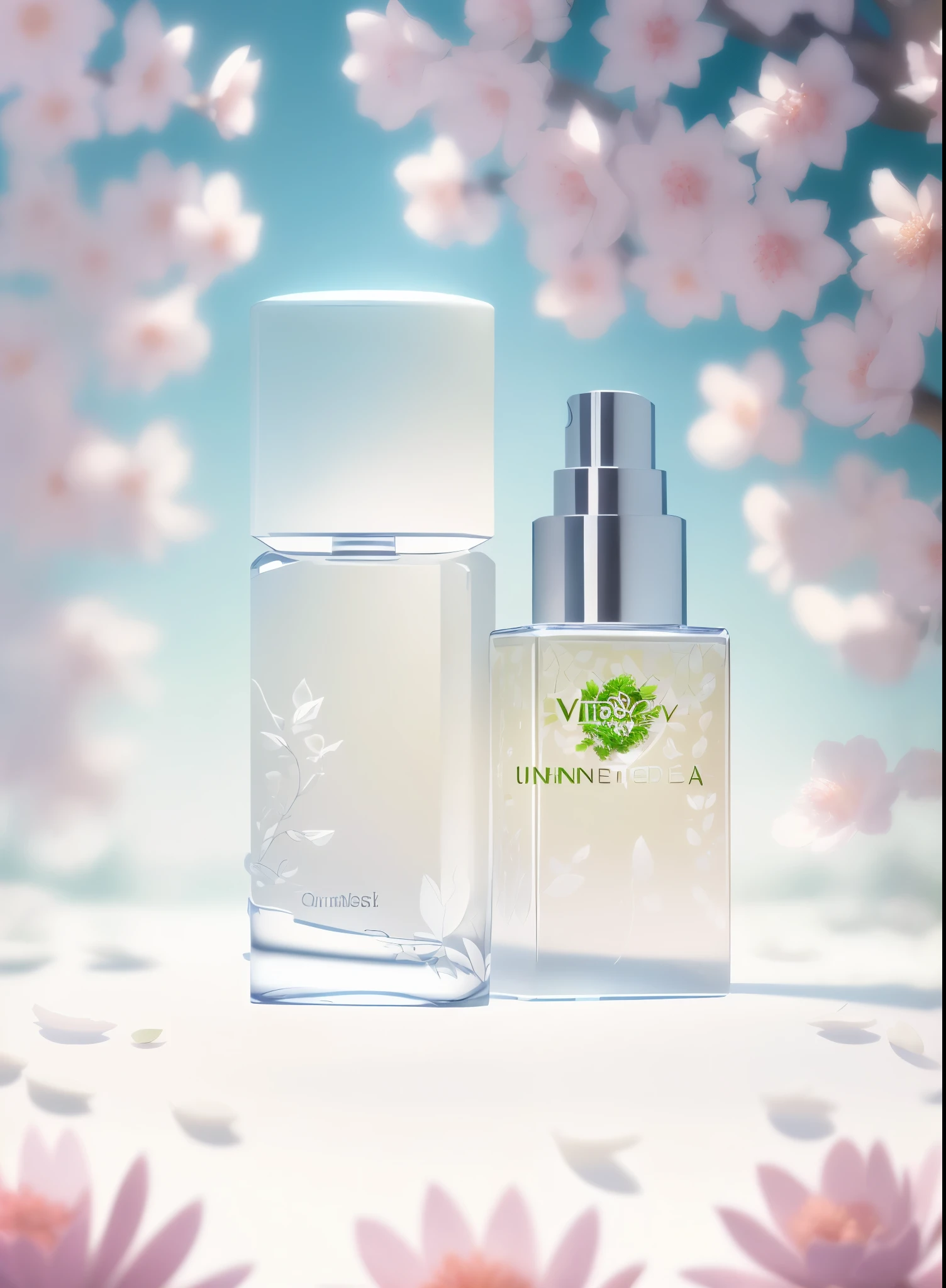 masterpiece, best quality, (Very detailed CG unified 8K wallpaper) (best quality), (Best Illustration), (best shadow) Delicate leaves of nature valley with petals of various colors falling in the sky ray traced, Super detailed, label white, Background solid color, soft light, The perfume bottle is made of ceramic glass--v6