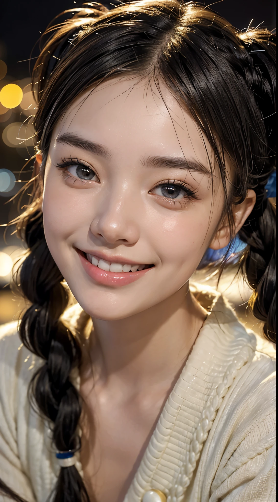 cute 22 year old,1 girl,Slim face Tokyo Street,night, cityscape,city lights, ((face close up:1.5)),((smile showing white teeth)),((Twintails colorful braided decoration))close, 8k, RAW photo, highest quality, masterpiece,realistic, photo-realistic,