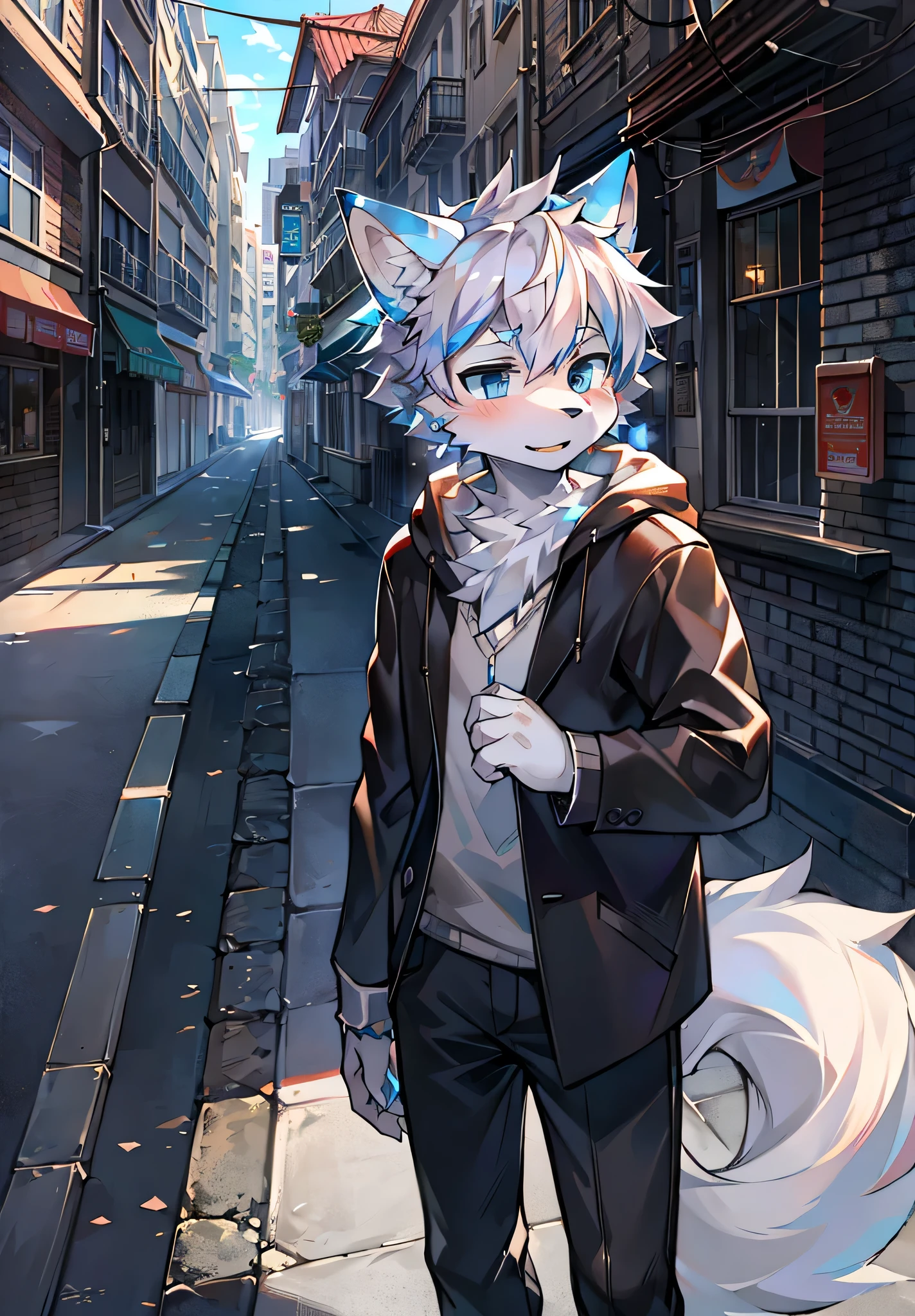 hairy,wolf boy,white fur,crystal blue eyes,单hairy尾巴,white hair,Short hair details,On the street corner