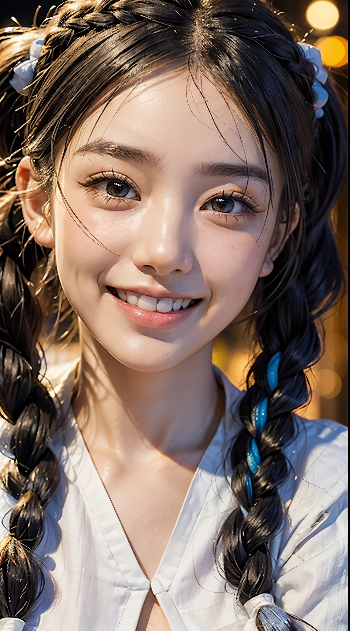cute 22 year old,1 girl,Slim face Tokyo Street,night, cityscape,city lights, ((face close up:1.5)),((smile showing white teeth)),((Twintails colorful braided decoration))close, 8k, RAW photo, highest quality, masterpiece,realistic, photo-realistic,