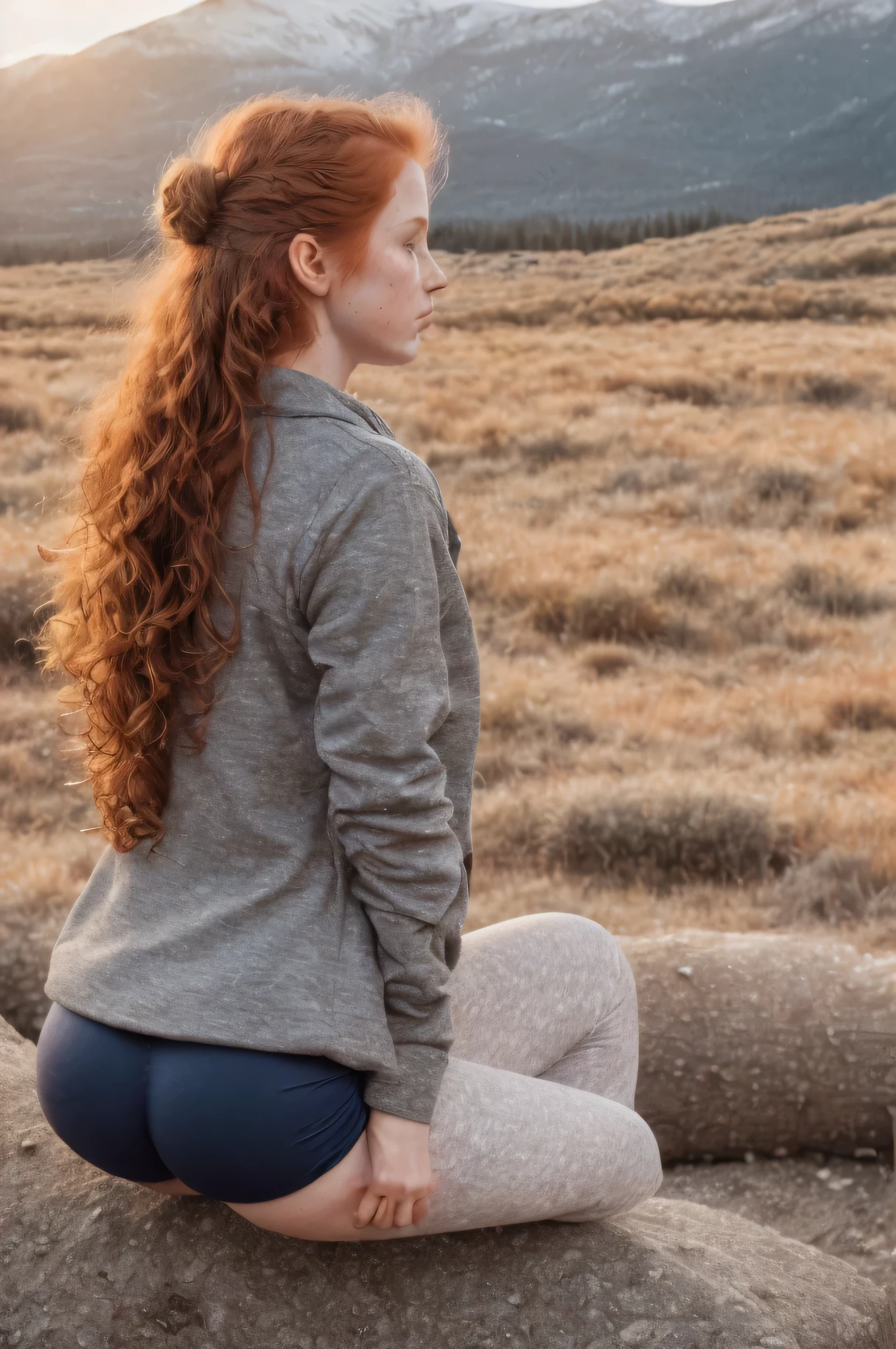 (1girl in, , extremly skinny, looking sick, underwear, half naked, Solo, Aesthetic artwork, irish redhead, wavy ginger hair, shoulder length ginger hair, light grey eyes, some small freckles, pale skin, A-cup, small breasts, runners body, full body, sitting on the log (textured skin, skin pores:1.1), perfect skin, goosebumps, wearing dark gray jacket, wearing navy blue leggings, in a clearing looking at Rocky mountains, early winter, snow, mountains, blury background, (front to camera, looking away: 1.25), (extremely detailed 8k wallpaper), (hard lighting), high quality, film grain, Fujifilm XT3 sharp focus, f 5.6, 50mm, High Detail, Sharp focus, (natural light), crazy details, complex details, hyperdetailed, sunshine golden hour