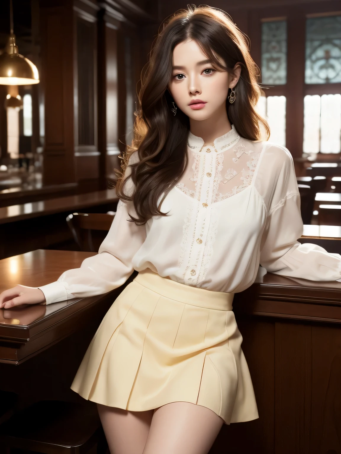 Leaning against the table 서 있는 여자, Detailed photos, CG Society, complex long curly hair, cinematic | | Very lively, discord pfp,Asian features, very pretty model, (compycore:1.2), stupid, rich red, factory, bar counter,(fashion realistic),Twinkle in your eyes,(Leaning against the table),(outside),(outsidedoor bar),(There is a lot of hair),(wavy hair),(Curly hair),(complex colored eyes:1.1),((Intricately detailed eyes)),very detailed, table top, detailed eyes, big bright blindfold:1.2), best quality,  (very detailed),Shine with focused eyes:1.2), (cinematic background), ultra detail,(delicate and detailed), (intricate details), octane rendering, nffsw, (ultra detail:1.15), (((fancy))),(soft light:1.2, mini skirt,  Transparent blouse, 