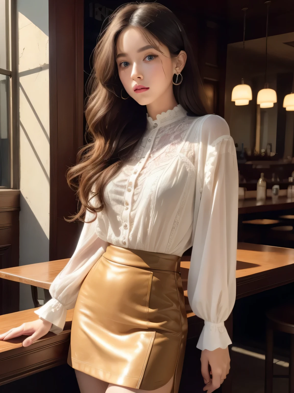Leaning against the table 서 있는 여자, Detailed photos, CG Society, complex long curly hair, cinematic | | Very lively, discord pfp,Asian features, very pretty model, (compycore:1.2), stupid, rich red, factory, bar counter,(fashion realistic),Twinkle in your eyes,(Leaning against the table),(outside),(outsidedoor bar),(There is a lot of hair),(wavy hair),(Curly hair),(complex colored eyes:1.1),((Intricately detailed eyes)),very detailed, table top, detailed eyes, big bright blindfold:1.2), best quality, (very detailed),Shine with focused eyes:1.2), (cinematic background), ultra detail,(delicate and detailed), (intricate details), octane rendering, nffsw, (ultra detail:1.15), (((fancy))),(soft light:1.2, mini skirt, Transparent blouse,