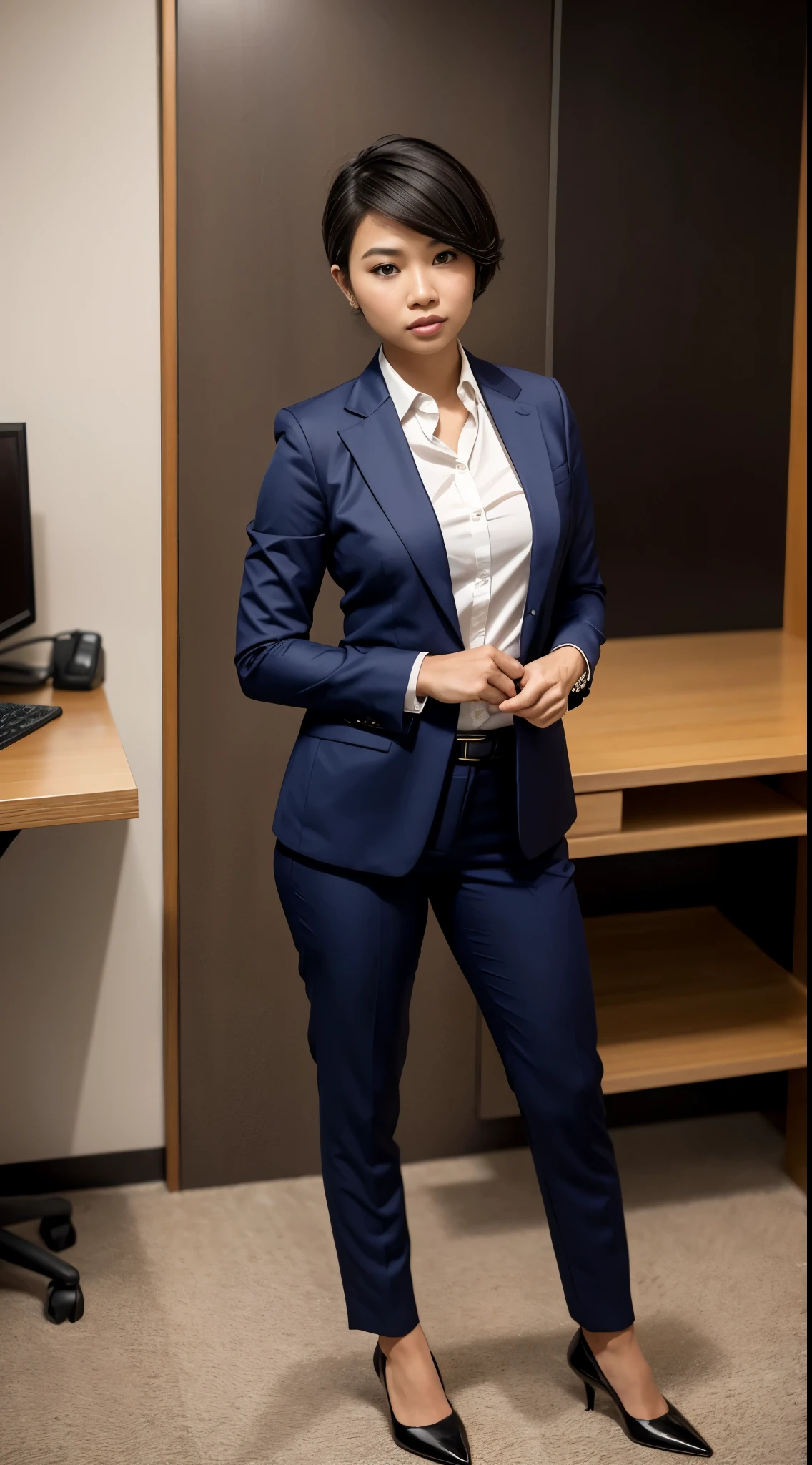 An Indonesian woman in suit, full body portrait posing, Business suit, professional corporate portrait, office clothes, wearing fashion suit, Business clothes, wearing working pantofel shoes, working shoes, pixie cut hair, buff body, flat breast, square face, rough face, no makeup, no accessory, macho pose, fully body photo, portrait full body, wear suit, full body portrait shot