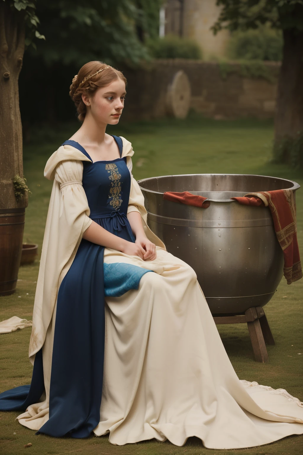 England, 1338. A young ((((21-year-old)) Caris Wooler)), attractive, expressive eyes, in the back yard, dying fabric in a cauldron, removing, ((tired expression)). ((((clothings from the 1300s, gown)))), ((light chestnut hairstyle of the 1300s))