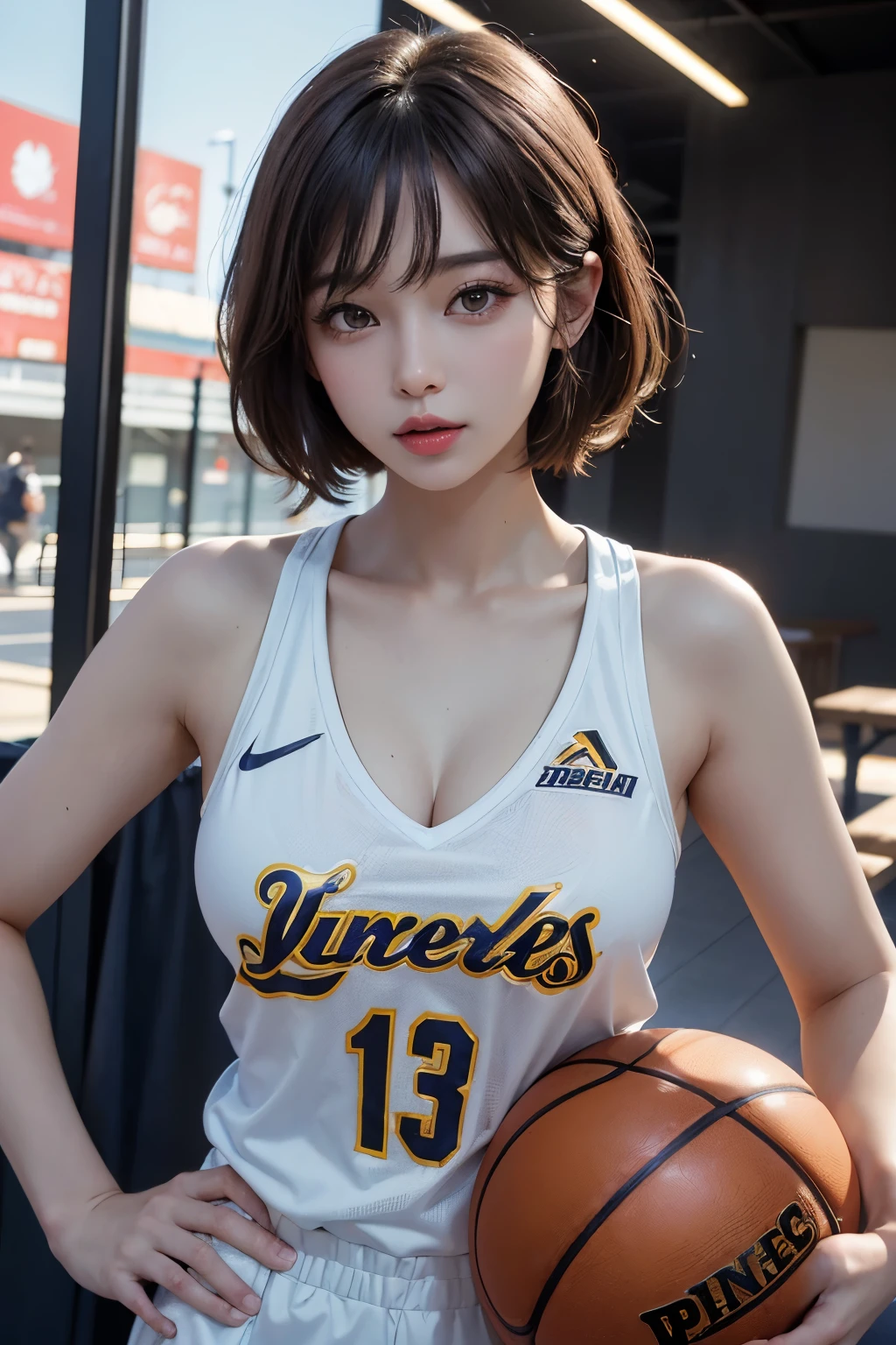 (RAW photo,4k,master piece,High resolution,very complicated)(realistic:1.4),Delicate girl standing in cinematic lighting 1 Girl, single focus, Looks like a whole body,summer afternoon, play basketball,rainbow colored uniform、thermography, 1990s\(with style\),white skin,(the biggest,cleavage), (highest quality), (High resolution), (very delicate and beautiful),,(Beautiful 8K face),(brown eyes),(Ulzzang-6500:1.0),(big breasts),(NBA),(basketball sportswear),((play basketball)),((Gym)),((speed)),(reality),(Chiayi:1.5), closeup cleavage, master piece, best quality, RAW photo撮影, realistic, face, incredibly ridiculous resolution, beautiful girl, adorable, short and fine hair, Depth of the bounds written, High resolution, super detailed, small details, very detailed, Highly detailed eyes and face, sharp pupils, Realistic student, fix a sharp focus, cinematic lighting