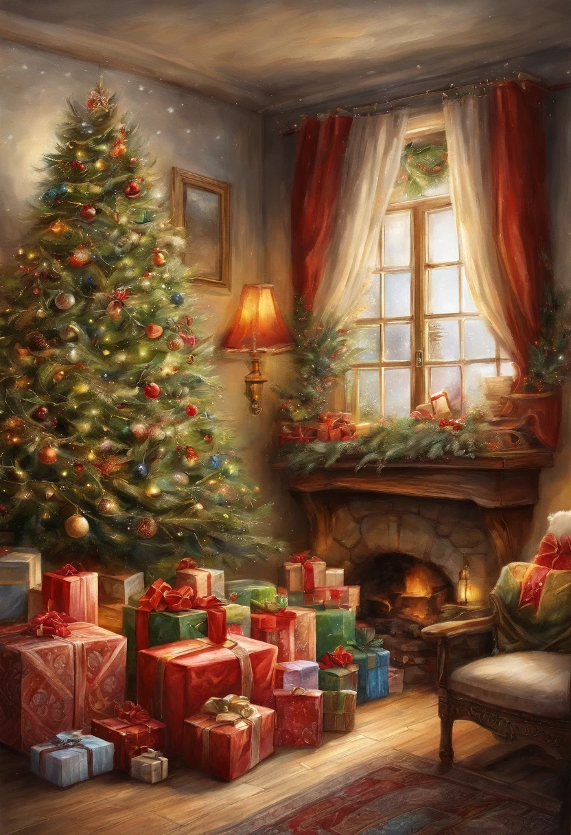 In a European style house,麋鹿與Santa Claus正在查看礼物清单,Christmas tree gift decoration, Santa Claus, The floor is piled with Christmas gifts,very high resolution, Traditional arts, Santa Claus工作室, ultra high resolution, illustration, Christmas Eve, extremely high resolution, Santa Claus在乡村谷仓里, surreal,beautifully、best quality、super detailed、end、Positioning details、colorful colorful