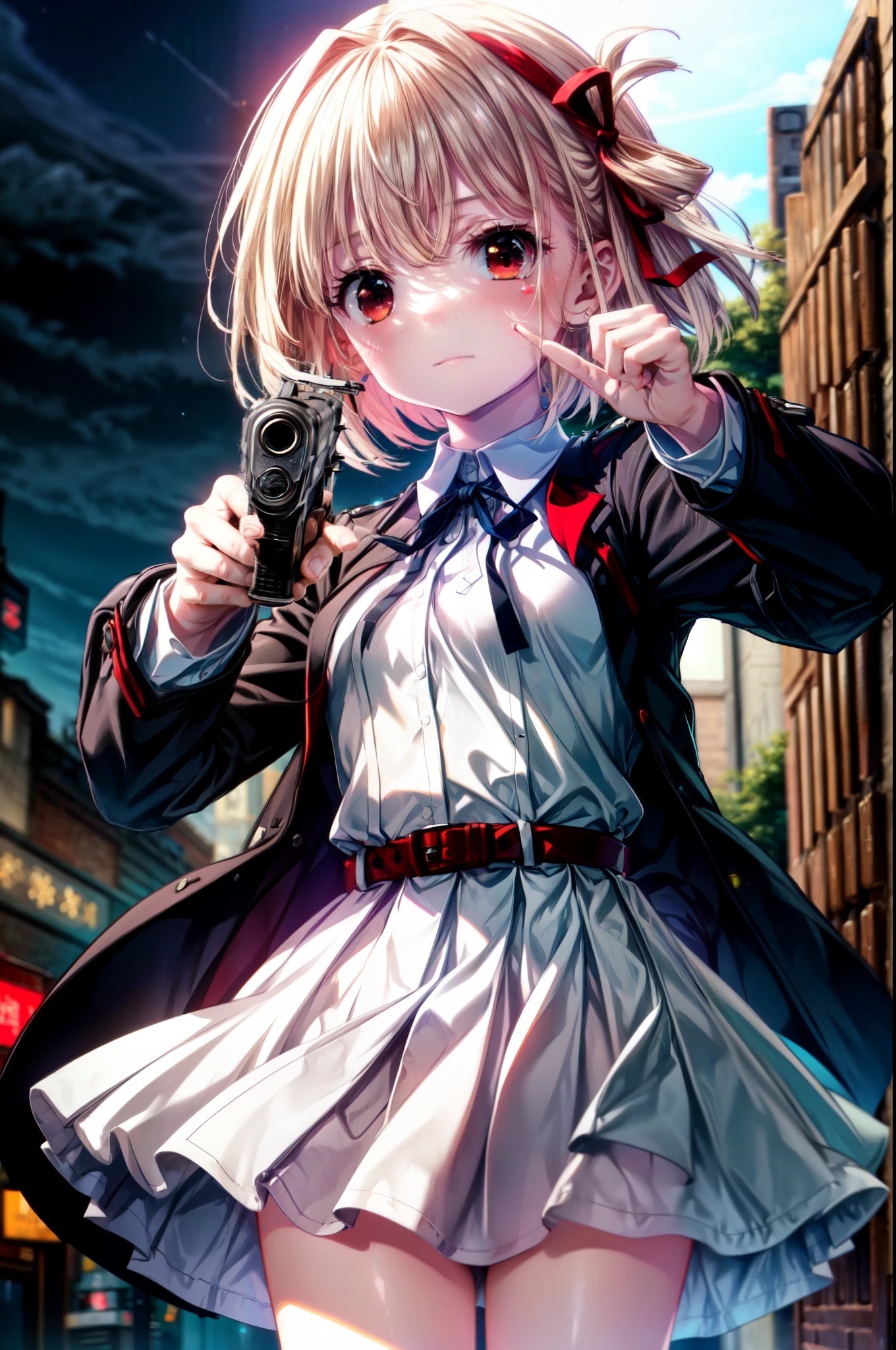 chisatonishikigi, nishikigi chisato, short hair, bangs, blonde hair, (red eyes:1.5), hair ribbon, one side up, bob cut,
break shirt, long sleeve, dress, ribbon, white shirt, collared shirt, belt, neck ribbon, red dress, blue ribbon, pleated dress, grey dress, two-tone dress, red belt, uniform liquor,hand gun(H&KUSP)hold with both hands,
break outdoors, city,
break looking at viewer, (cowboy shot:1.5),
break (masterpiece:1.2), highest quality, High resolution, unity 8k wallpaper, (shape:0.8), (fine and beautiful eyes:1.6), highly detailed face, perfect lighting, Very detailed CG, (perfect hands, perfect anatomy),