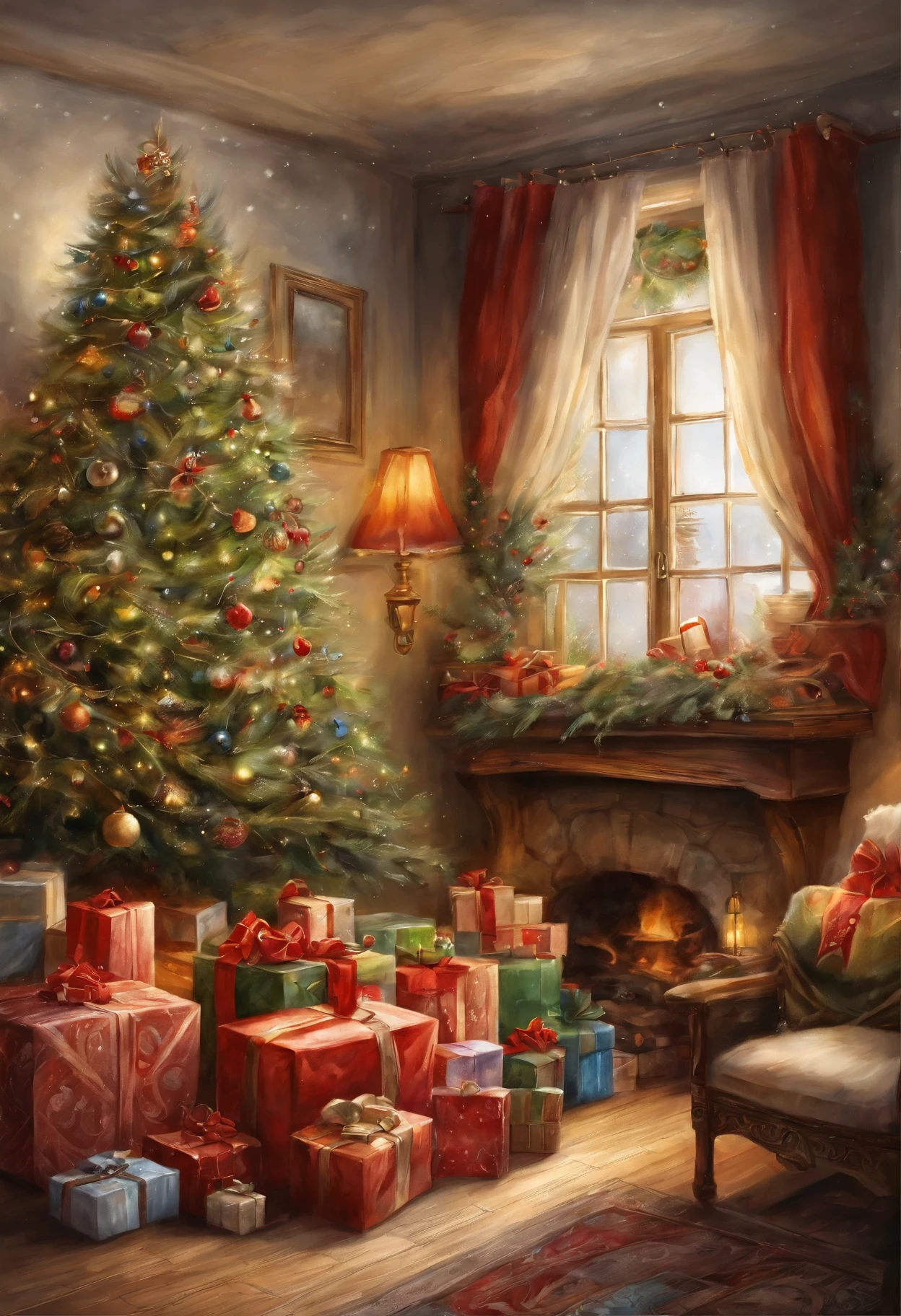 In a European style house,麋鹿與Santa Claus正在查看礼物清单,Christmas tree gift decoration, Santa Claus, The floor is piled with Christmas gifts,very high resolution, Traditional Arts, Santa Claus工作室, ultra high resolution, illustration, christmas eve, extremely high resolution, Santa Claus在乡村谷仓里, Surreal,Beautifully、best quality、Super detailed、end、Positioning details、colorful colorful