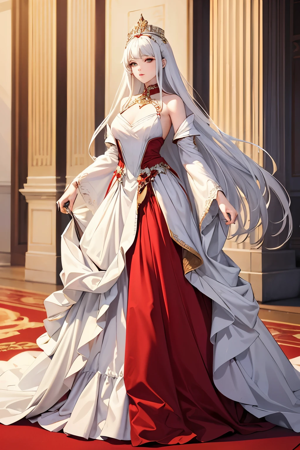(absurd, high resolution), (panorama), full-body, a woman, mature, beautiful, tall, queen's dress, red complex, exquisite, golden eyes, pale white hair, silver crown on the head, in the palace, brilliant, magical, holding a long golden delicate wand, red dress