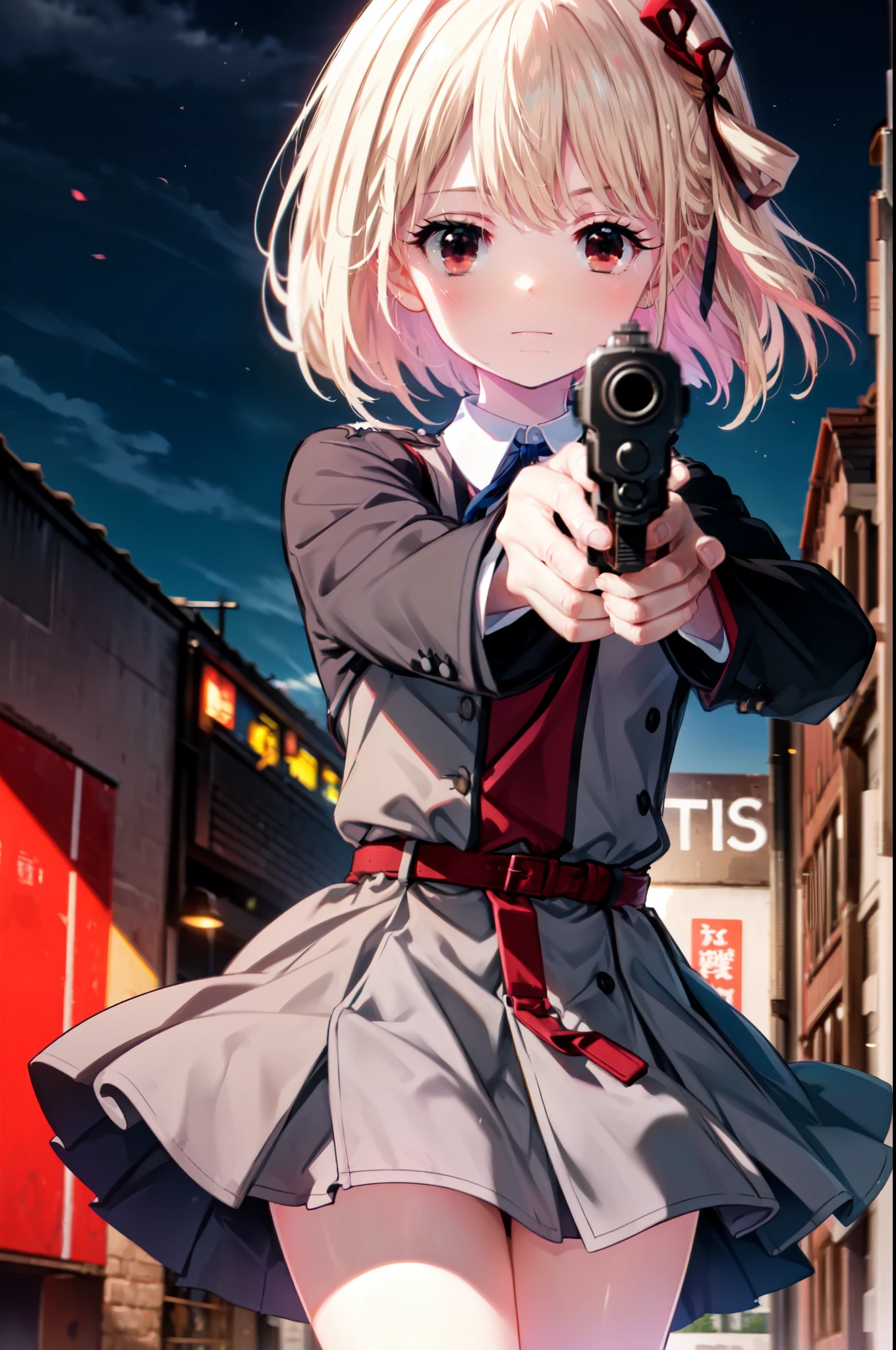 chisatonishikigi, nishikigi chisato, short hair, bangs, blonde hair, (red eyes:1.5), hair ribbon, one side up, bob cut,
break shirt, long sleeve, dress, ribbon, white shirt, collared shirt, belt, neck ribbon, red dress, blue ribbon, pleated dress, grey dress, two-tone dress, red belt, uniform liquor,hand gun(H&KUSP)hold with both hands,
break outdoors, city,
break looking at viewer, (cowboy shot:1.5),
break (masterpiece:1.2), highest quality, High resolution, unity 8k wallpaper, (shape:0.8), (fine and beautiful eyes:1.6), highly detailed face, perfect lighting, Very detailed CG, (perfect hands, perfect anatomy),